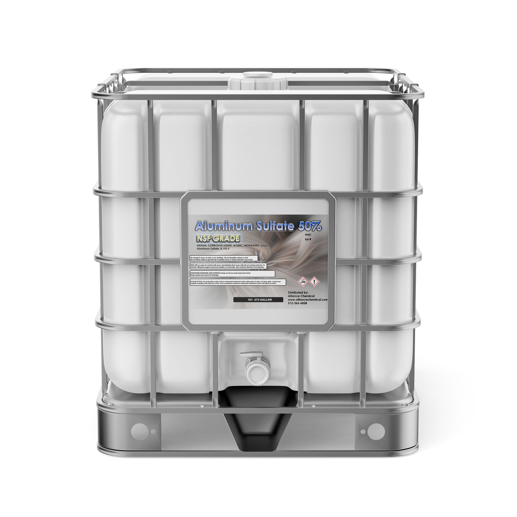 275-gallon IBC tote of NSF-grade Aluminum Sulfate 50% solution in white HDPE container with metal cage, hazard symbols, and bottom discharge valve.