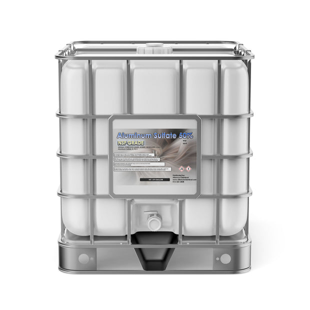 One 275-gallon plastic tote of Alliance Chemical Aluminum Sulfate 50% with a metal cage and spigot.