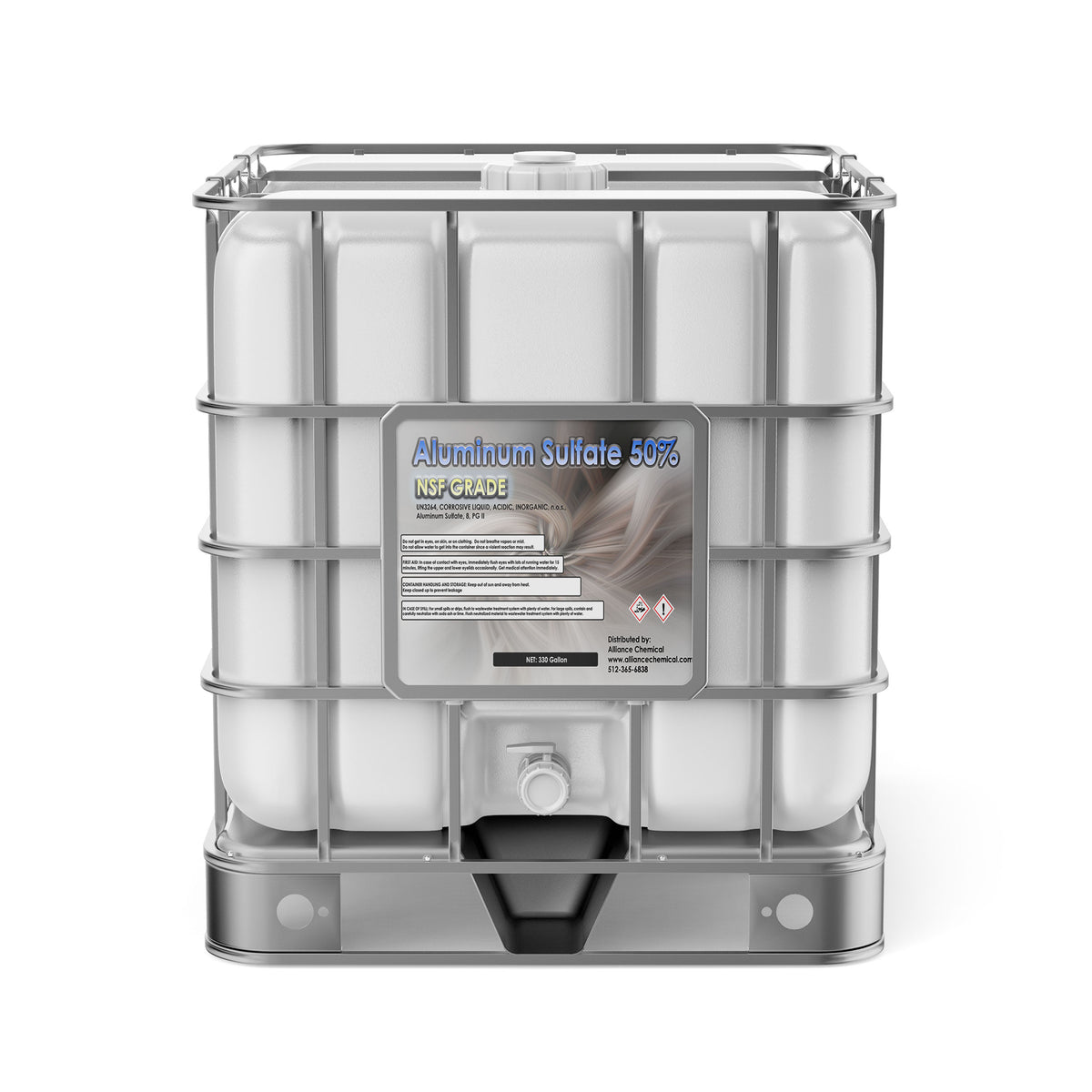 Alliance Chemical 330-gallon tote of Aluminum Sulfate 50% with a steel cage, white plastic container, and label.