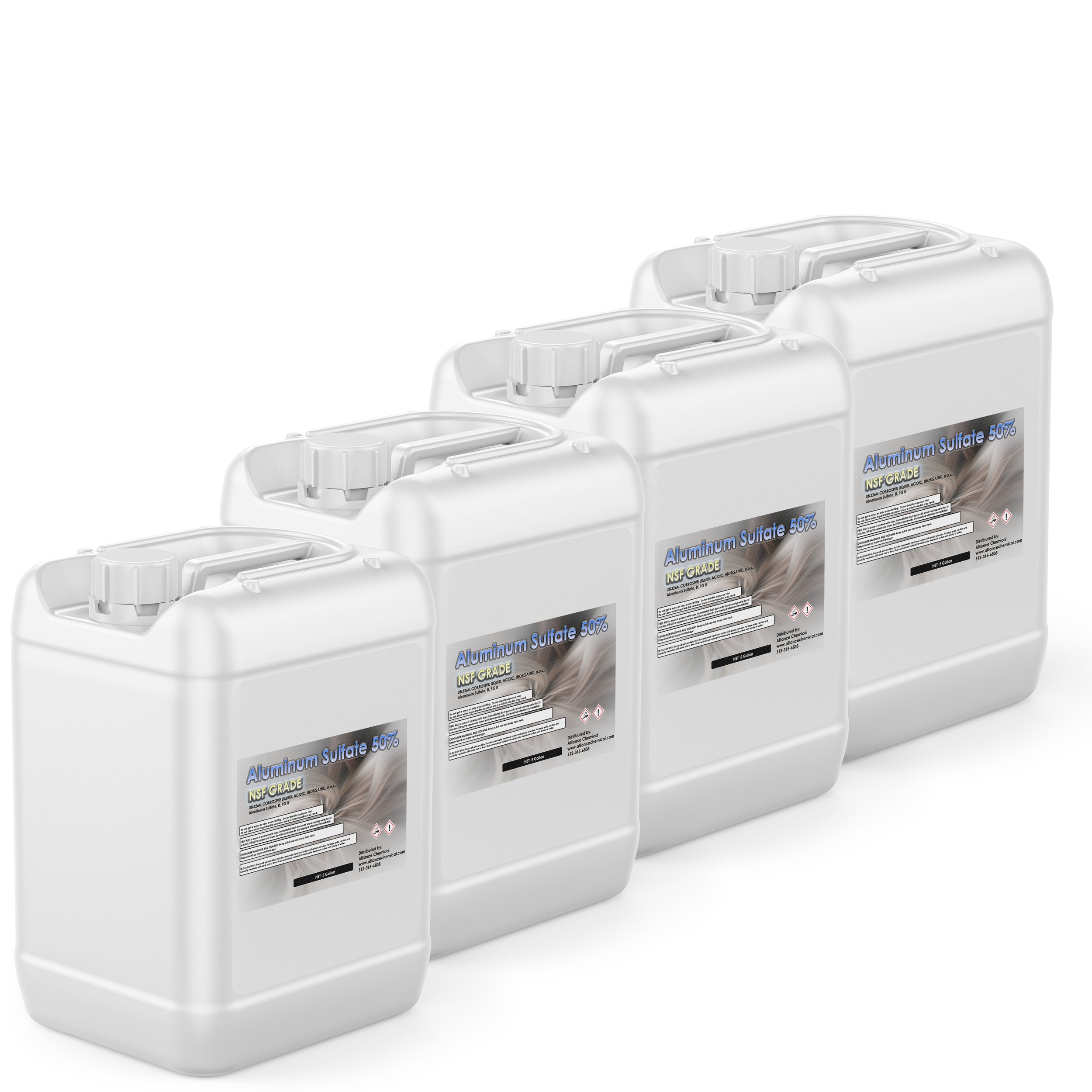 4x5-gallon HDPE containers of NSF-grade Aluminum Sulfate 50% solution, white industrial jugs with blue-labeled safety warnings and secure screw caps.