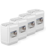 Four 5-gallon HDPE jugs of Alliance Chemical Aluminum Sulfate 50% with labels and integrated handles.