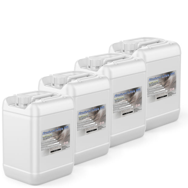 Four 5-gallon HDPE jugs of Alliance Chemical Aluminum Sulfate 50% with labels and integrated handles.
