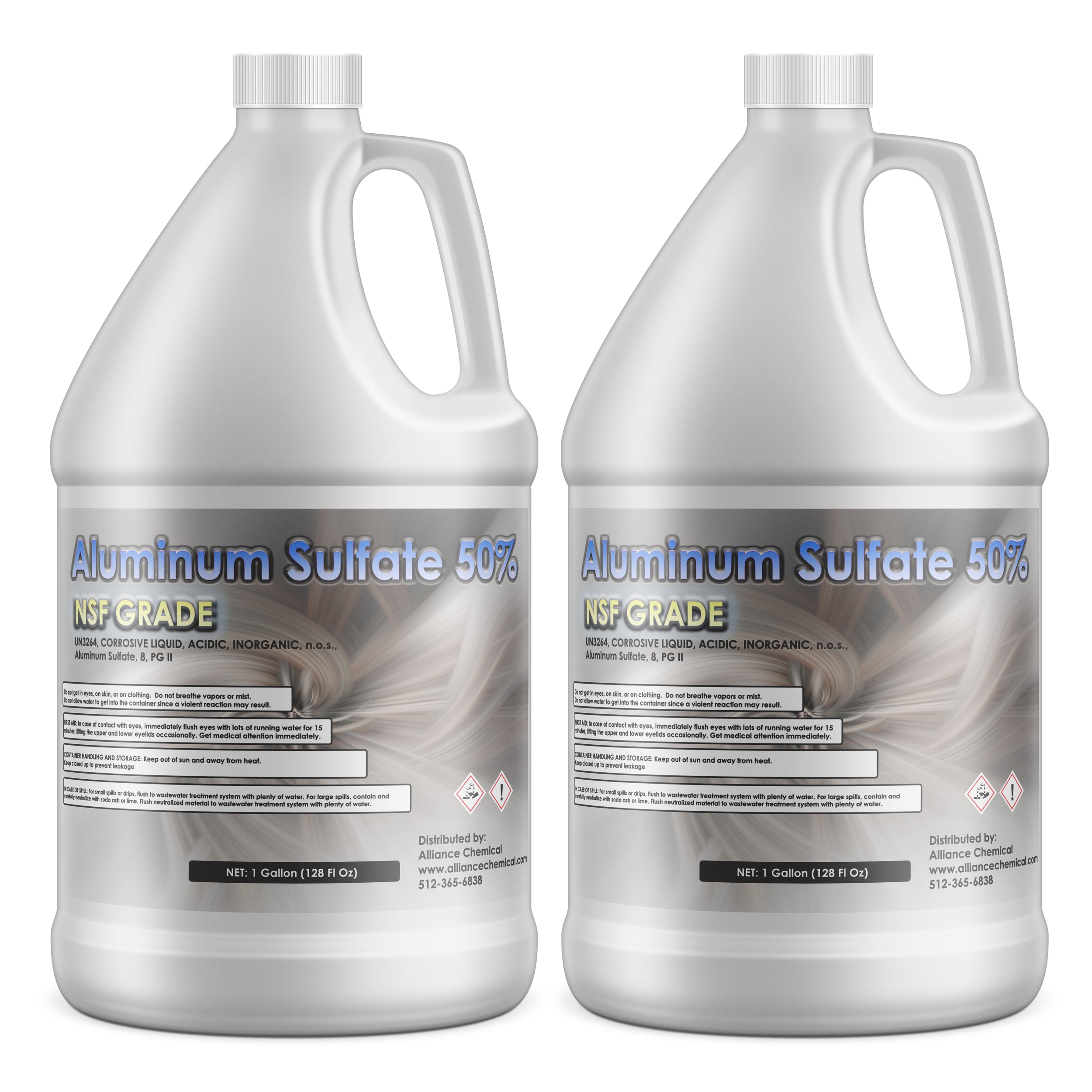 1-gallon NSF-grade Aluminum Sulfate 50% solution in white HDPE jugs with corrosive/acidic warning symbols, distributed by Alliance Chemical, UN1760 classification.