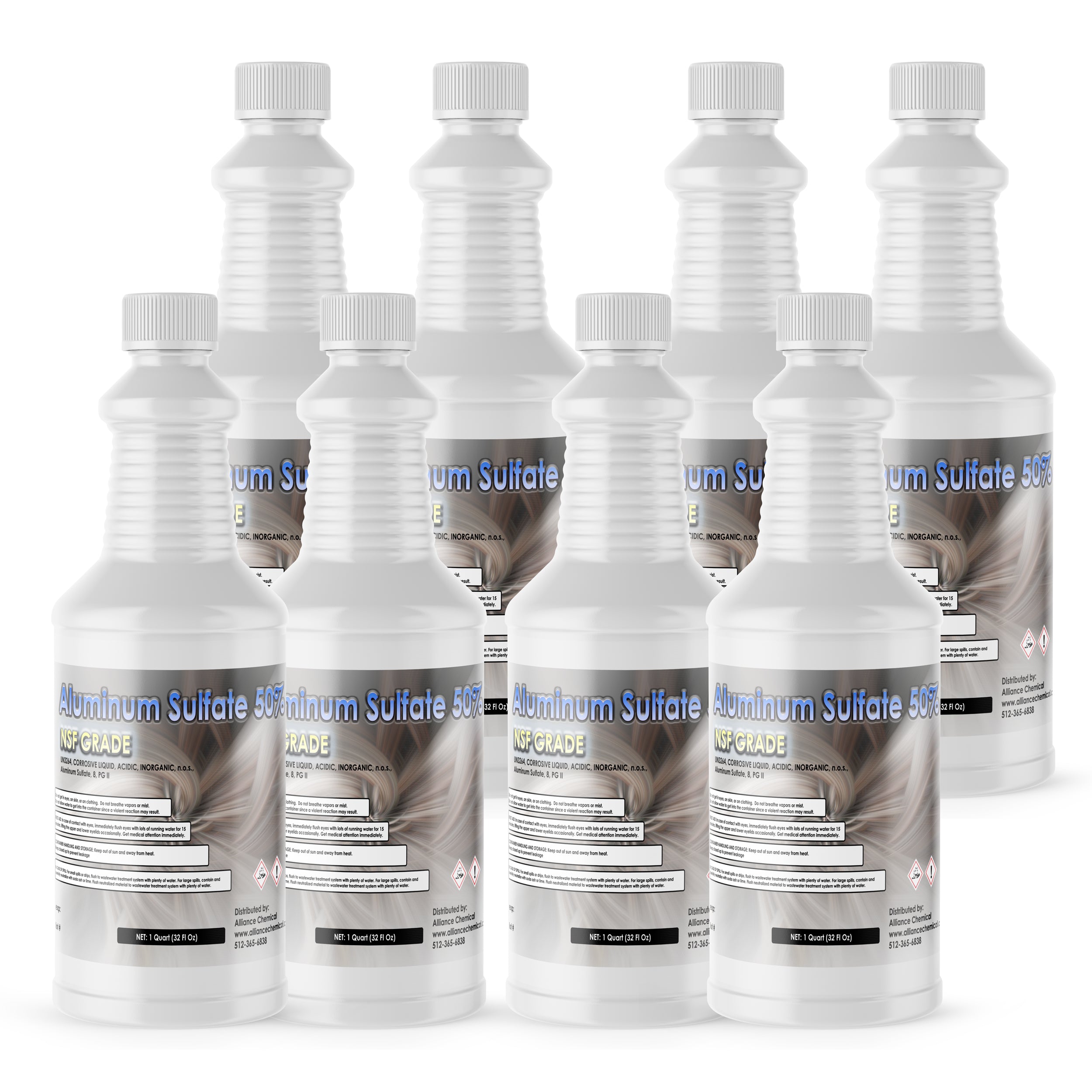 8x1 quart NSF-grade Aluminum Sulfate 50% solution in white HDPE bottles with ribbed design, safety caps, hazard symbols, and detailed chemical labeling.