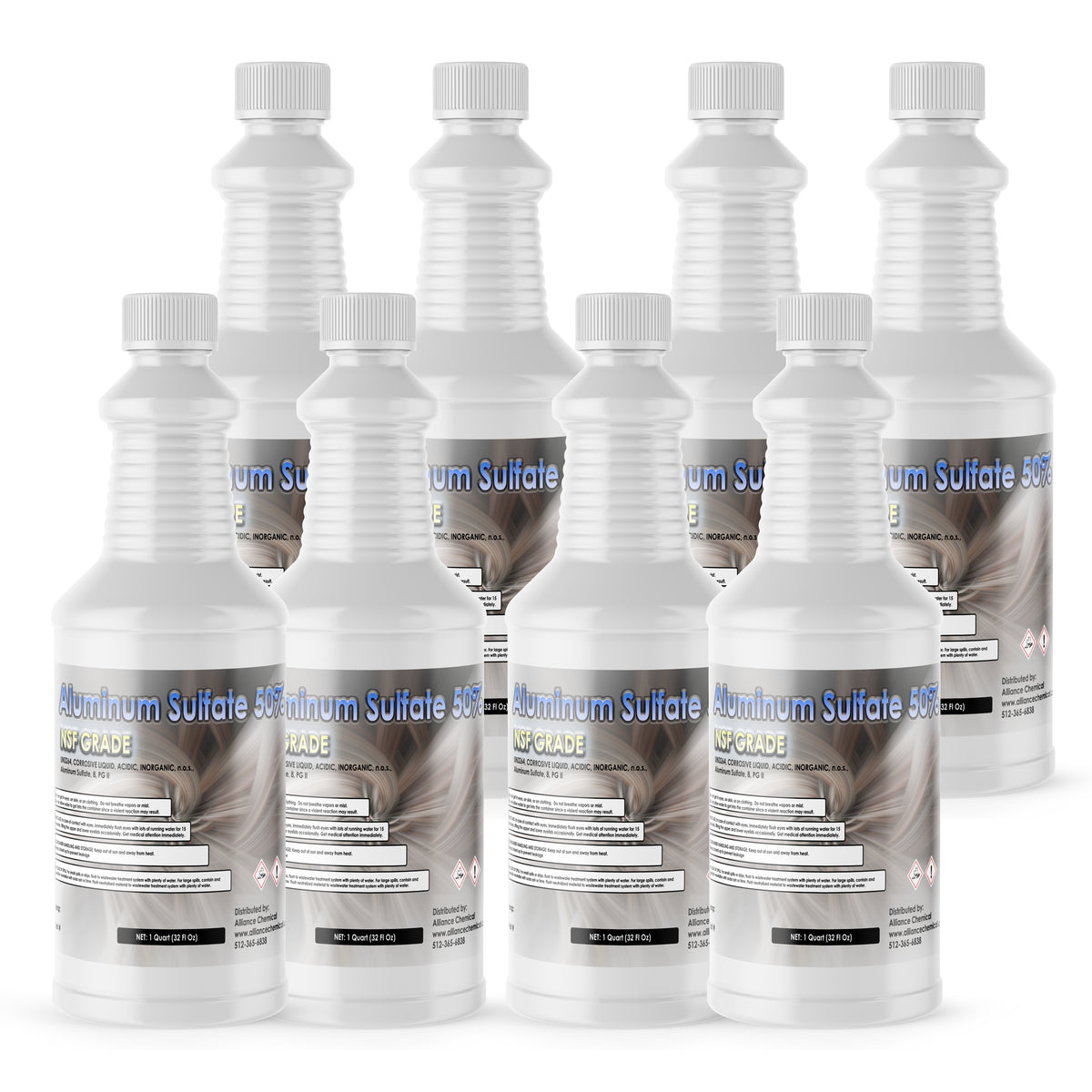 Seven 1-quart HDPE jugs of Alliance Chemical Aluminum Sulfate 50% with white screw caps and product label