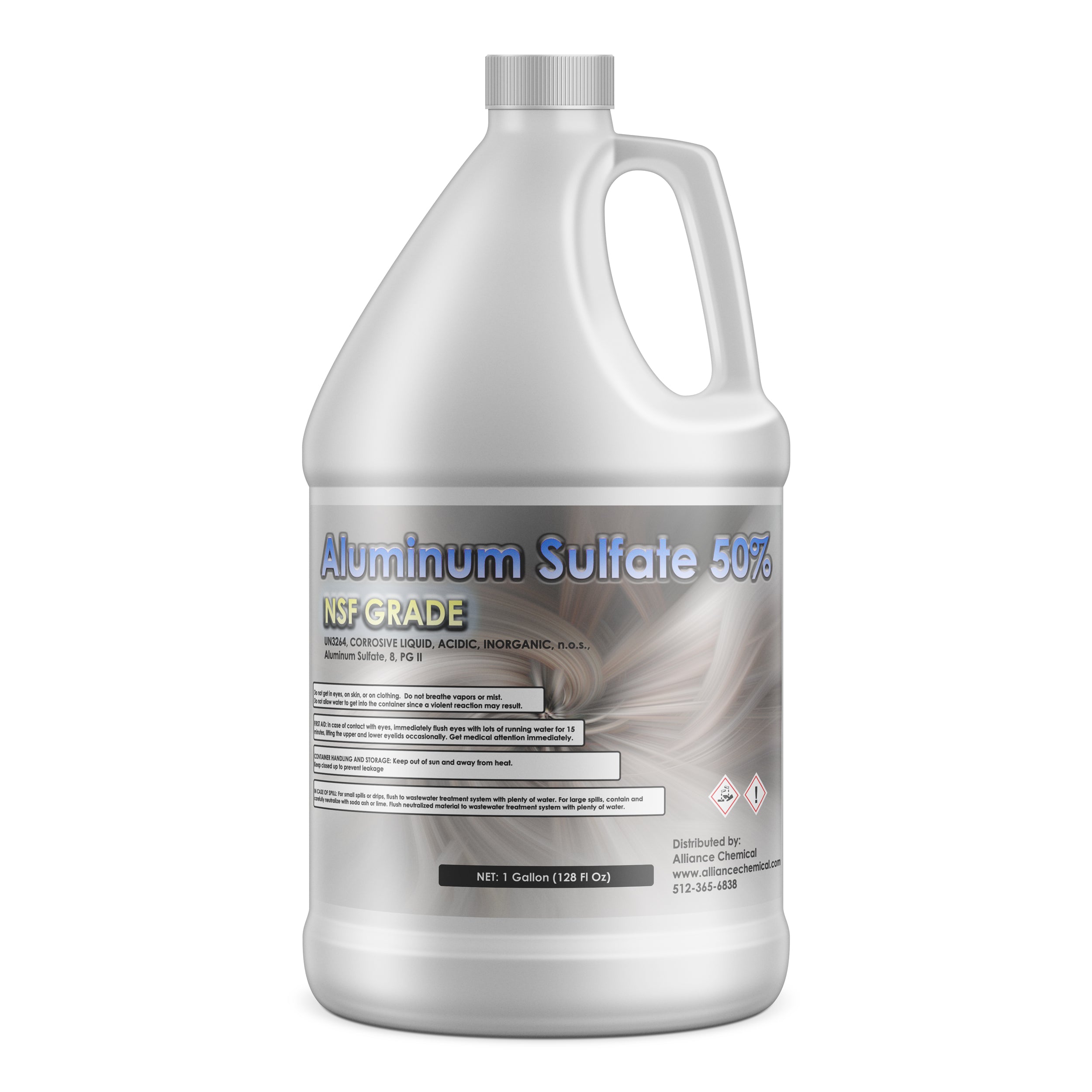 One-gallon HDPE jug of NSF-grade Aluminum Sulfate 50% solution, corrosive liquid warning symbols, gray-white industrial container with blue labeling.