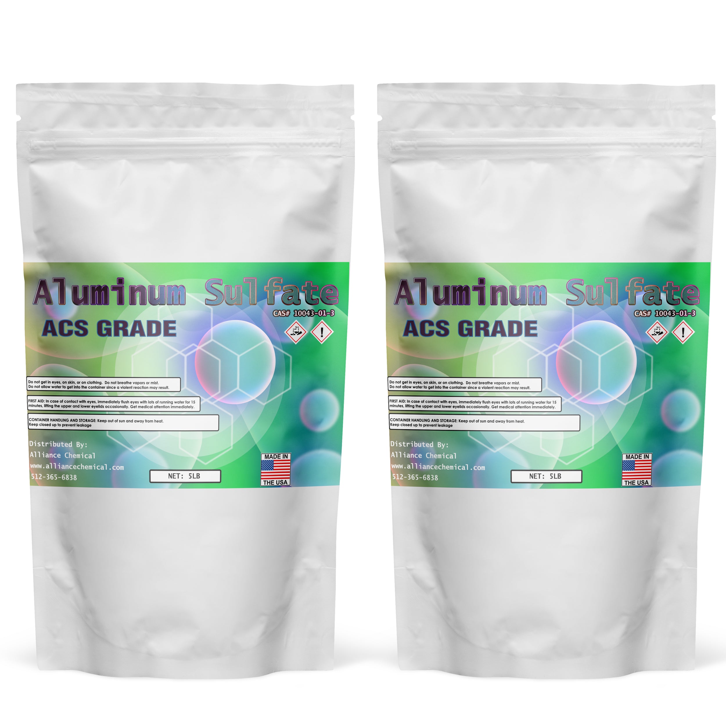 5lb ACS-grade Aluminum Sulfate in resealable white packaging, featuring CAS 10043-01-3, hazard symbols, first aid instructions, and Made in USA labeling.