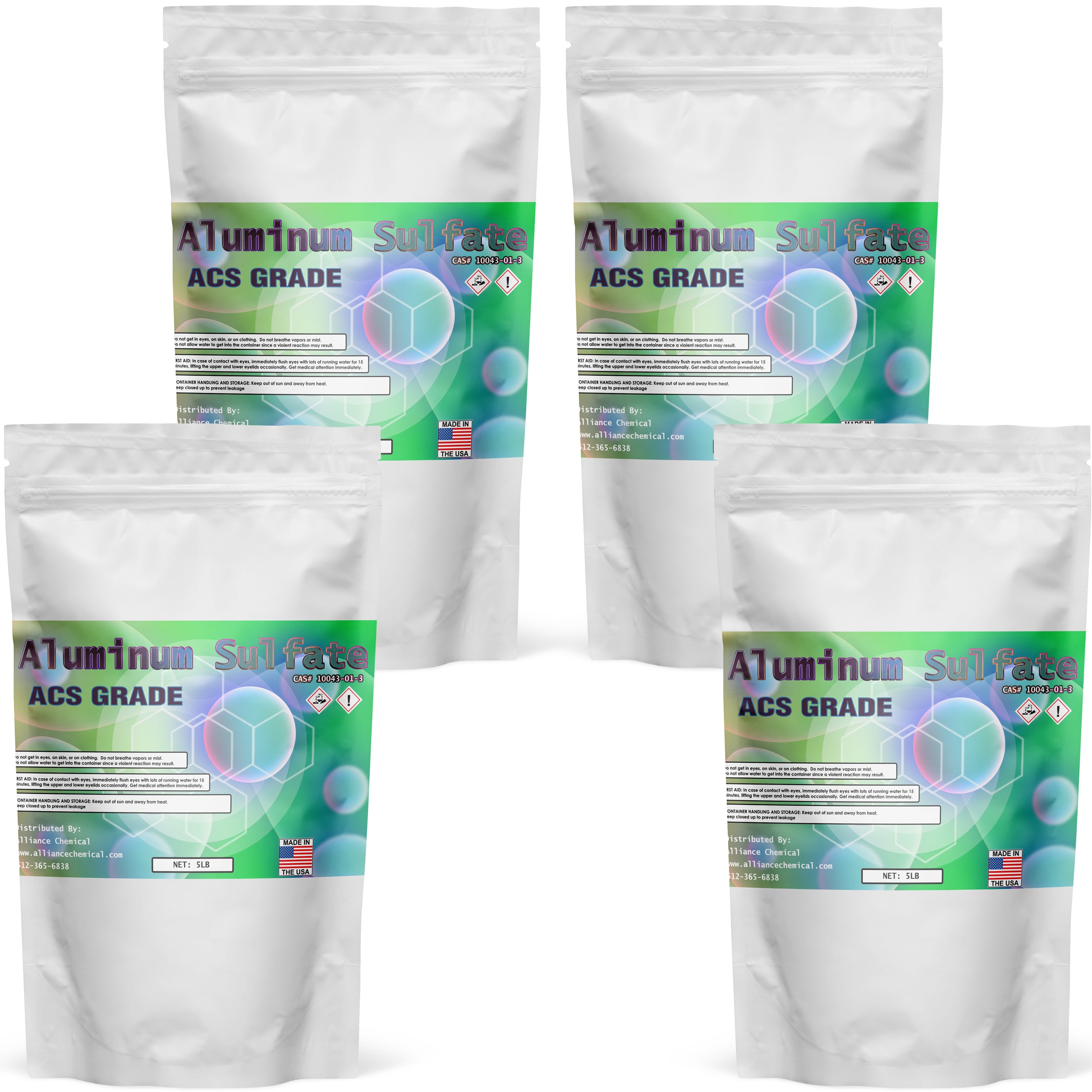 5 lb bags (4-pack) of ACS-grade Aluminum Sulfate hydrate in white resealable pouches, GHS hazard symbols, green-blue gradient label, Made in USA.