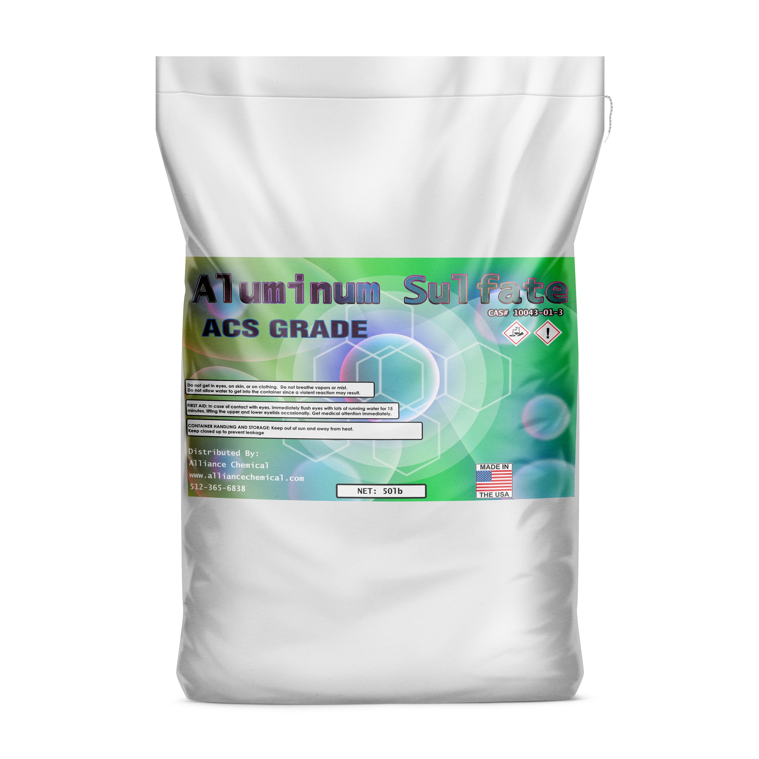 50lb ACS-grade Aluminum Sulfate in white industrial bag with green label, CAS# 10043-01-3, GHS warning symbols, Made in USA by Alliance Chemical.