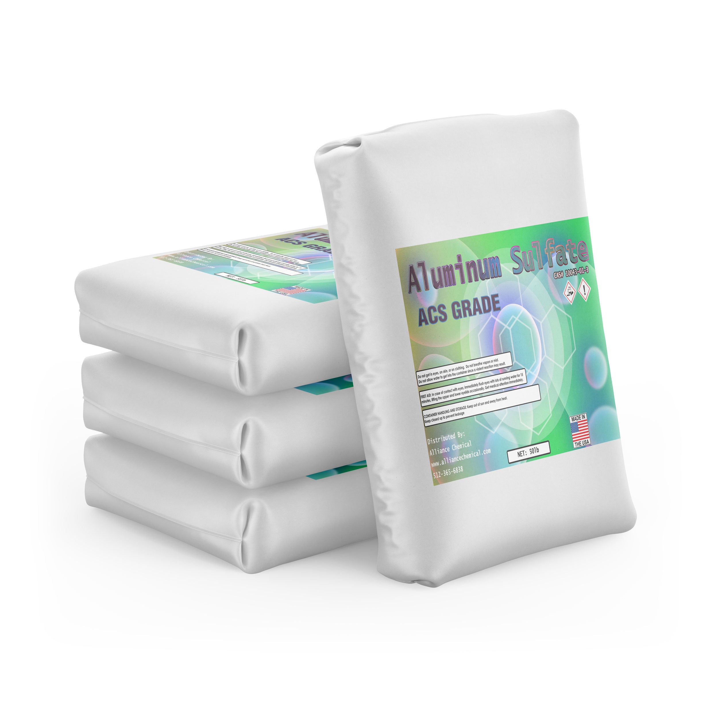50lb bags of ACS-grade Aluminum Sulfate Hydrate chemical reagent in white industrial packaging with hazard symbols, stacked, USA-made.