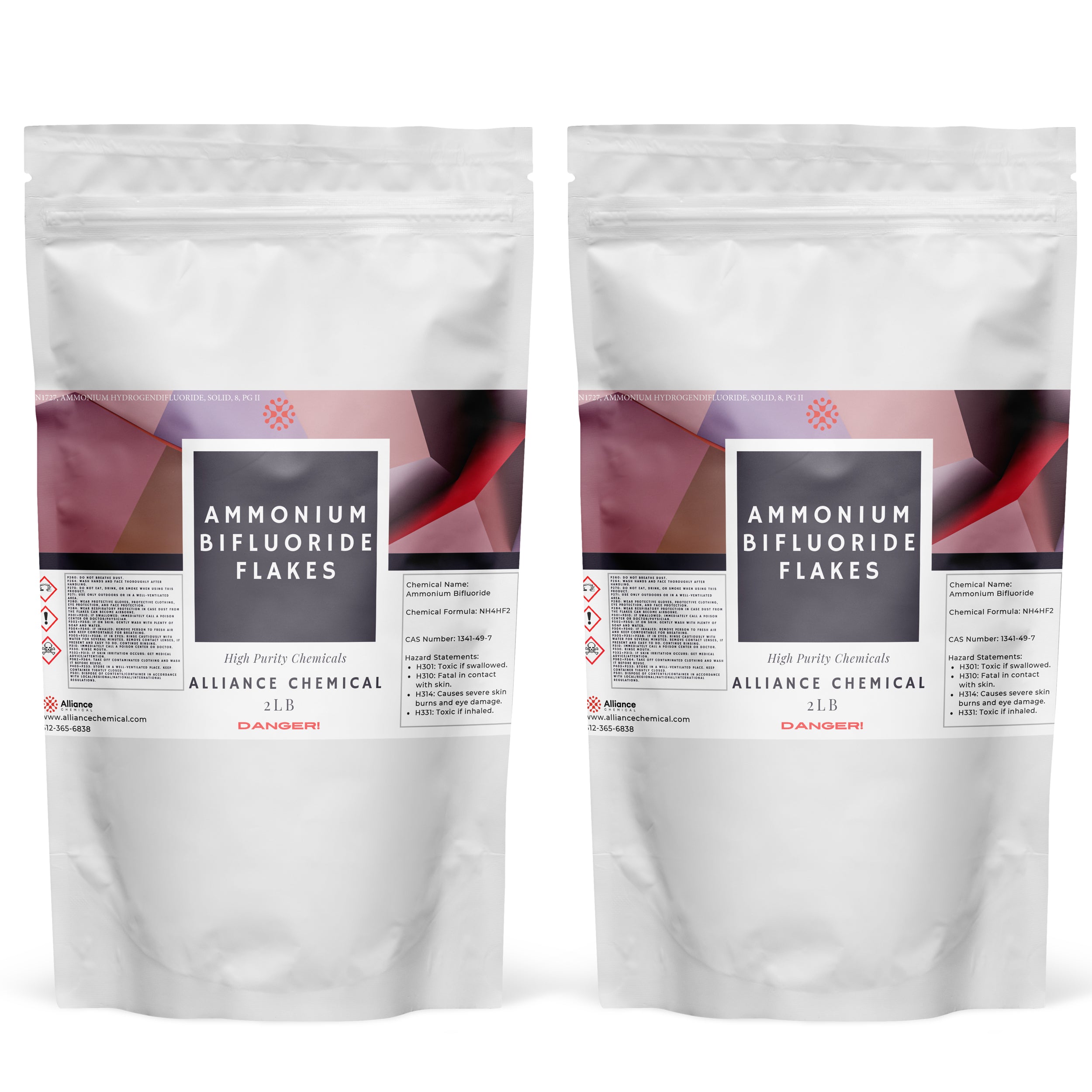 Two 2LB bags of high-purity Ammonium Bifluoride flakes with danger warnings, CAS 1341-49-7, featuring red hazard symbols and chemical formula NH4HF2.