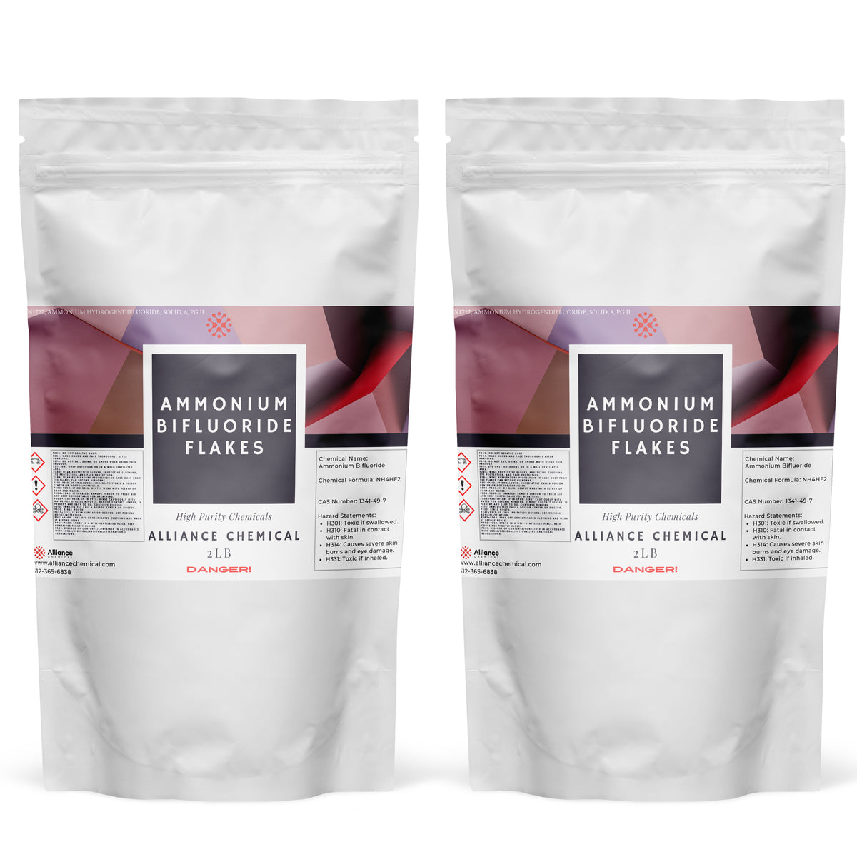 Two 2-lb Alliance Chemical Ammonium Bifluoride Flakes in white plastic bags with product and safety labels.