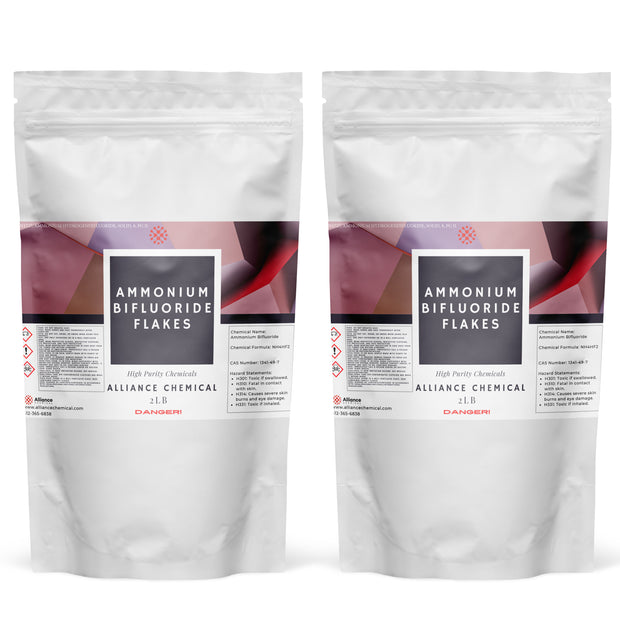 Two 2-lb Alliance Chemical Ammonium Bifluoride Flakes in white plastic bags with product and safety labels.
