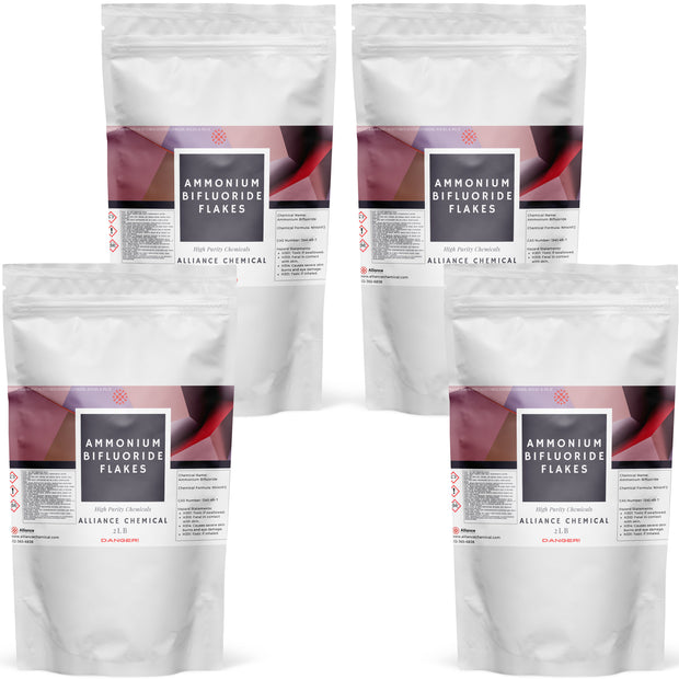 Four 2-lb bags of Alliance Chemical Ammonium Bifluoride Flakes with labels and tear notches.
