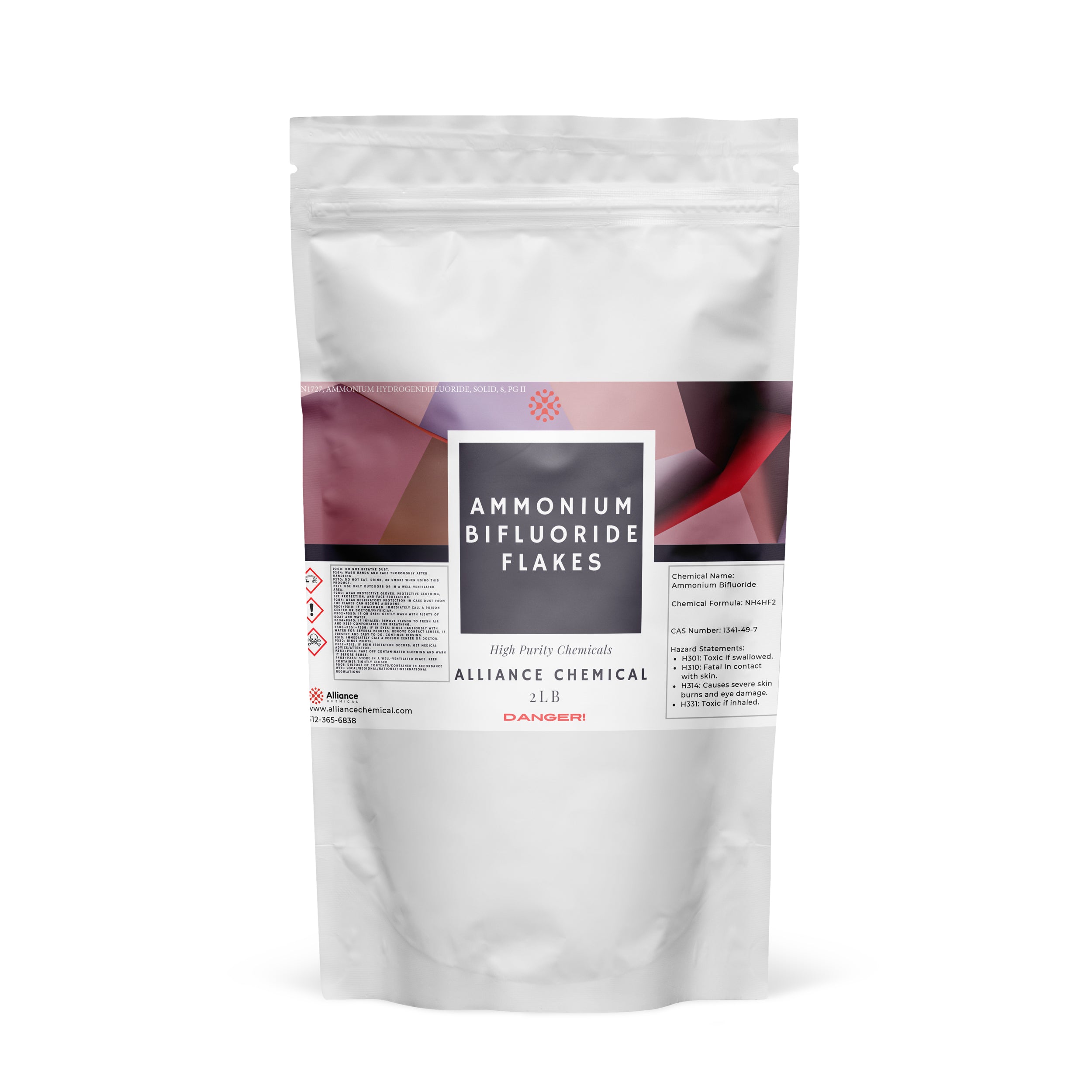 5 lb resealable bag of Ammonium Bifluoride flakes (NH4HF2), featuring DANGER warning label, hazard symbols, and high-purity chemical specifications from Alliance Chemical.