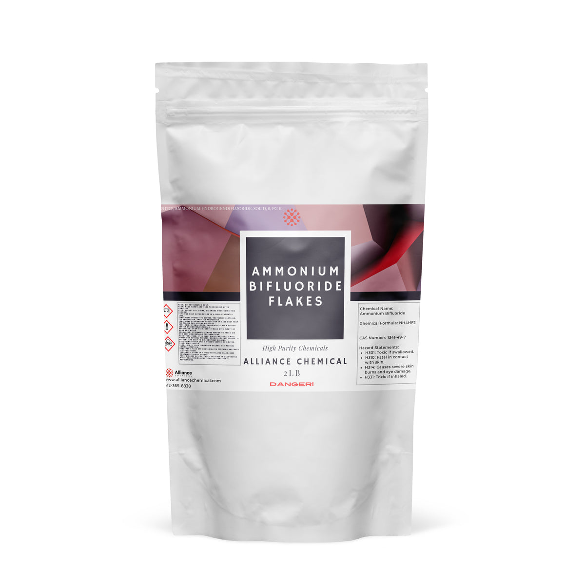 One 2-lb Alliance Chemical Ammonium Bifluoride Flakes bag with a resealable top and a product label.