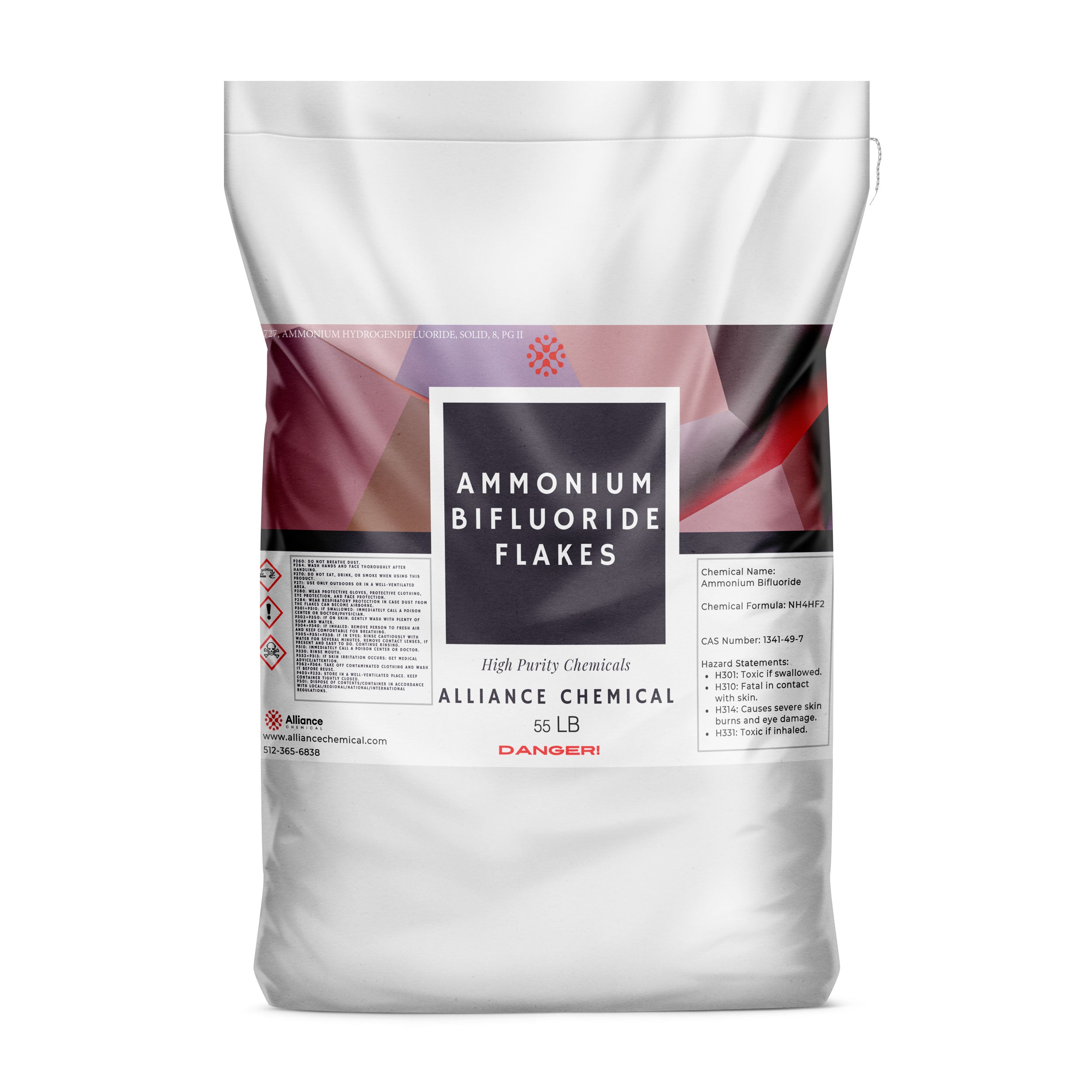55lb bag of Ammonium Bifluoride Flakes, high-purity chemical grade NH4HF2, with DANGER warning label and hazard pictograms in white industrial packaging.