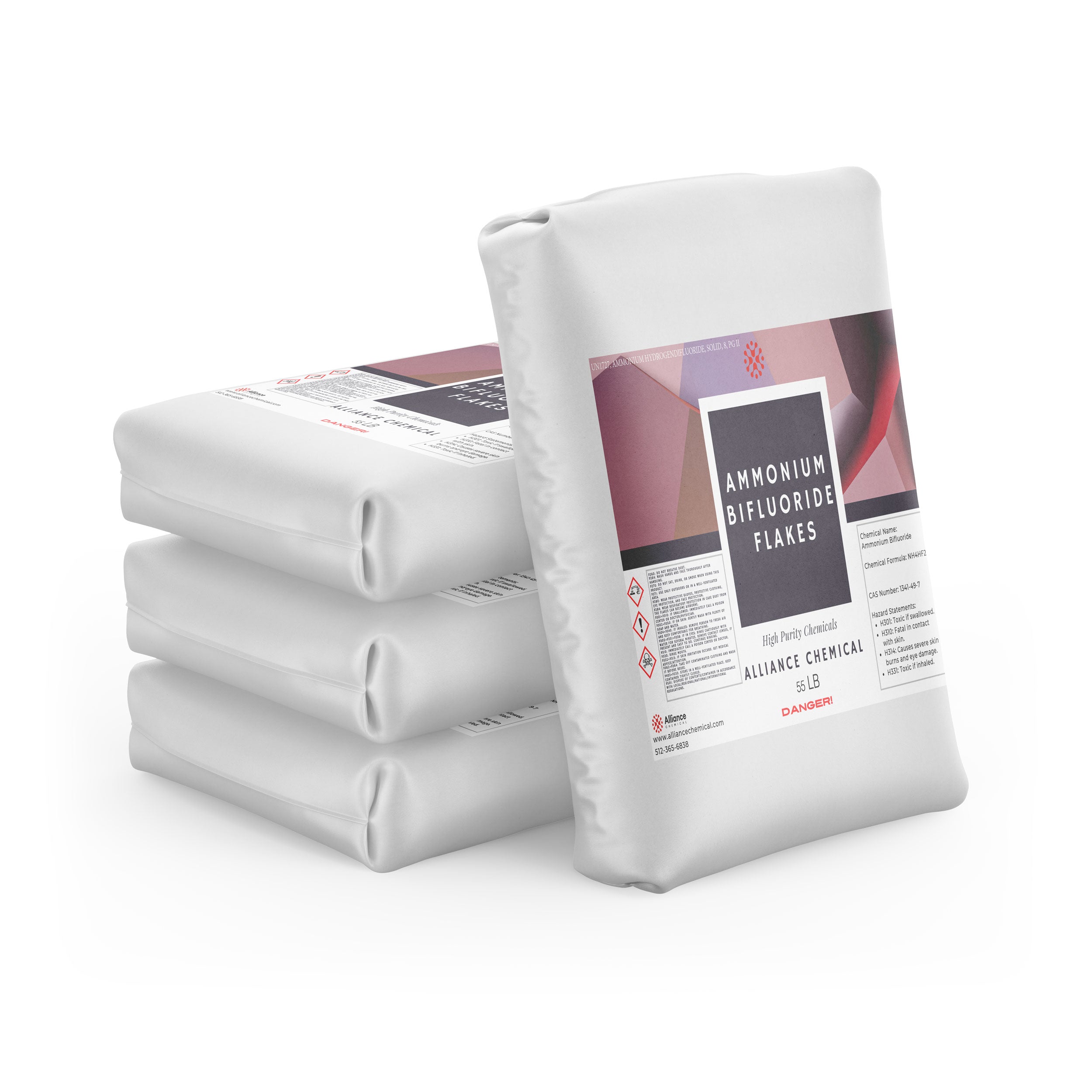 55lb bags of ammonium bifluoride flakes in white industrial packaging, stacked with GHS danger symbols and Alliance Chemical labeling visible.