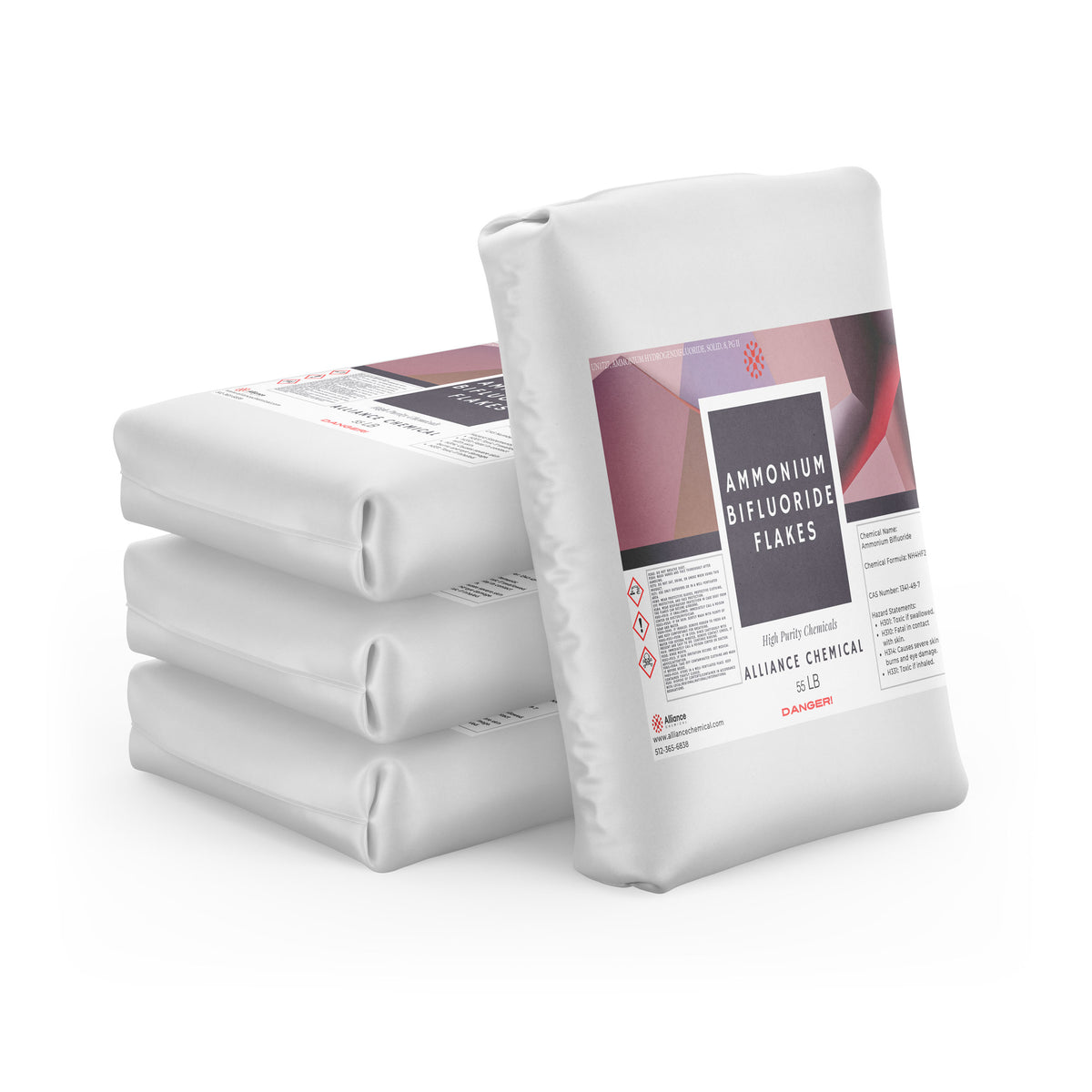 Four white bags of Alliance Chemical Ammonium Bifluoride Flakes with a product label and marked 55 LB.