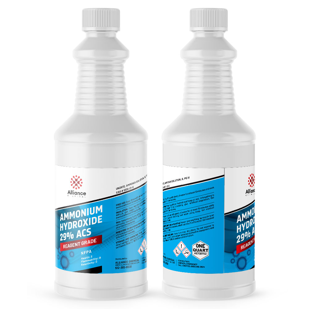Two 1-quart plastic bottles of Alliance Chemical Ammonium Hydroxide 29% ACS Grade with white screw caps and labels.