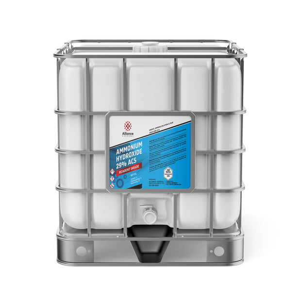 One 330-gallon plastic tote of Alliance Chemical Ammonium Hydroxide 29% ACS Grade with a steel cage and a spigot.