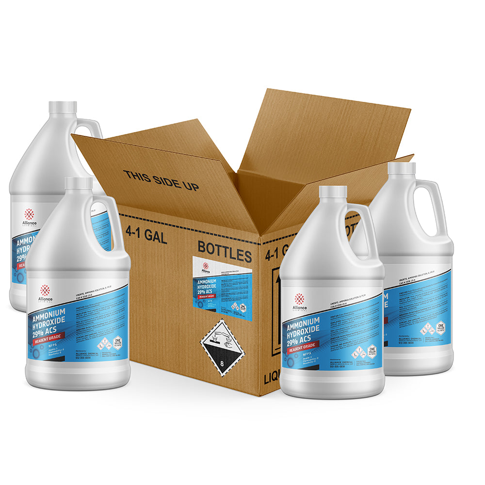 4x1-gallon Ammonium Hydroxide 29% ACS Reagent Grade in white HDPE bottles with blue labels, Class 8 corrosive warning, cardboard shipping box.