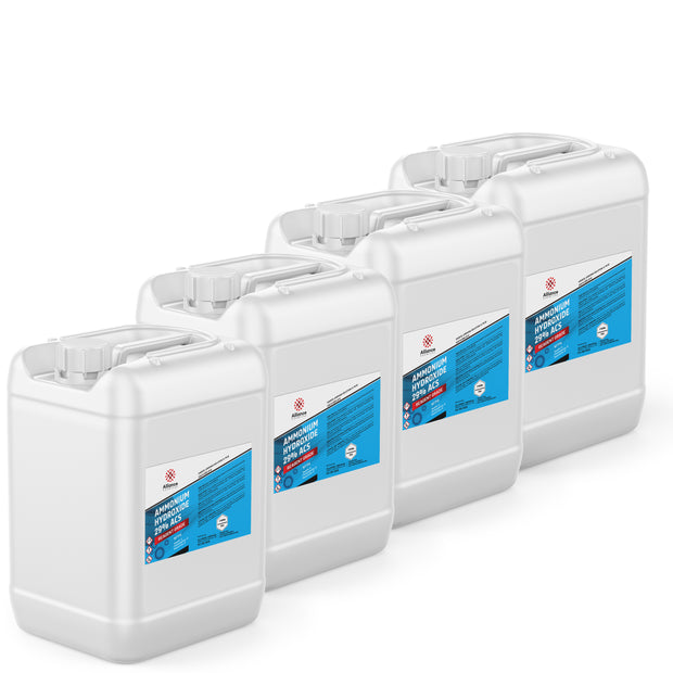 Four 5-gallon HDPE pails of Alliance Chemical Ammonium Hydroxide 29% ACS Grade with labels and integrated handles
