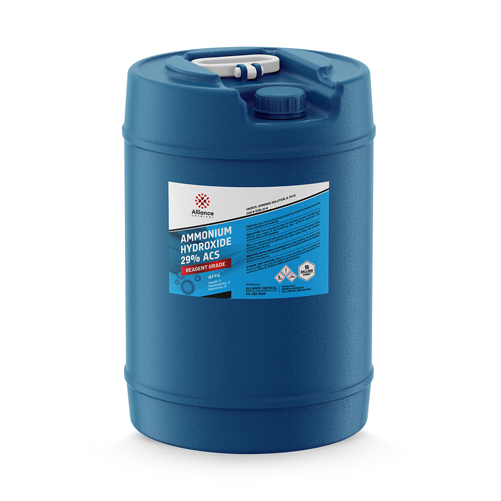 5-gallon blue HDPE carboy of Reagent-grade 29% ACS Ammonium Hydroxide with NFPA diamond and hazard symbols, Alliance Chemical brand.