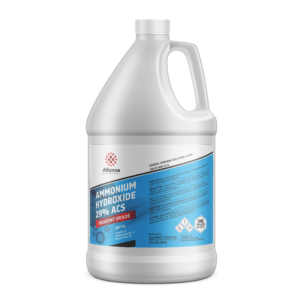 One-gallon HDPE bottle of Reagent Grade Ammonium Hydroxide 29% ACS, featuring Alliance Chemical branding, NFPA diamond, and hazard warning symbols.