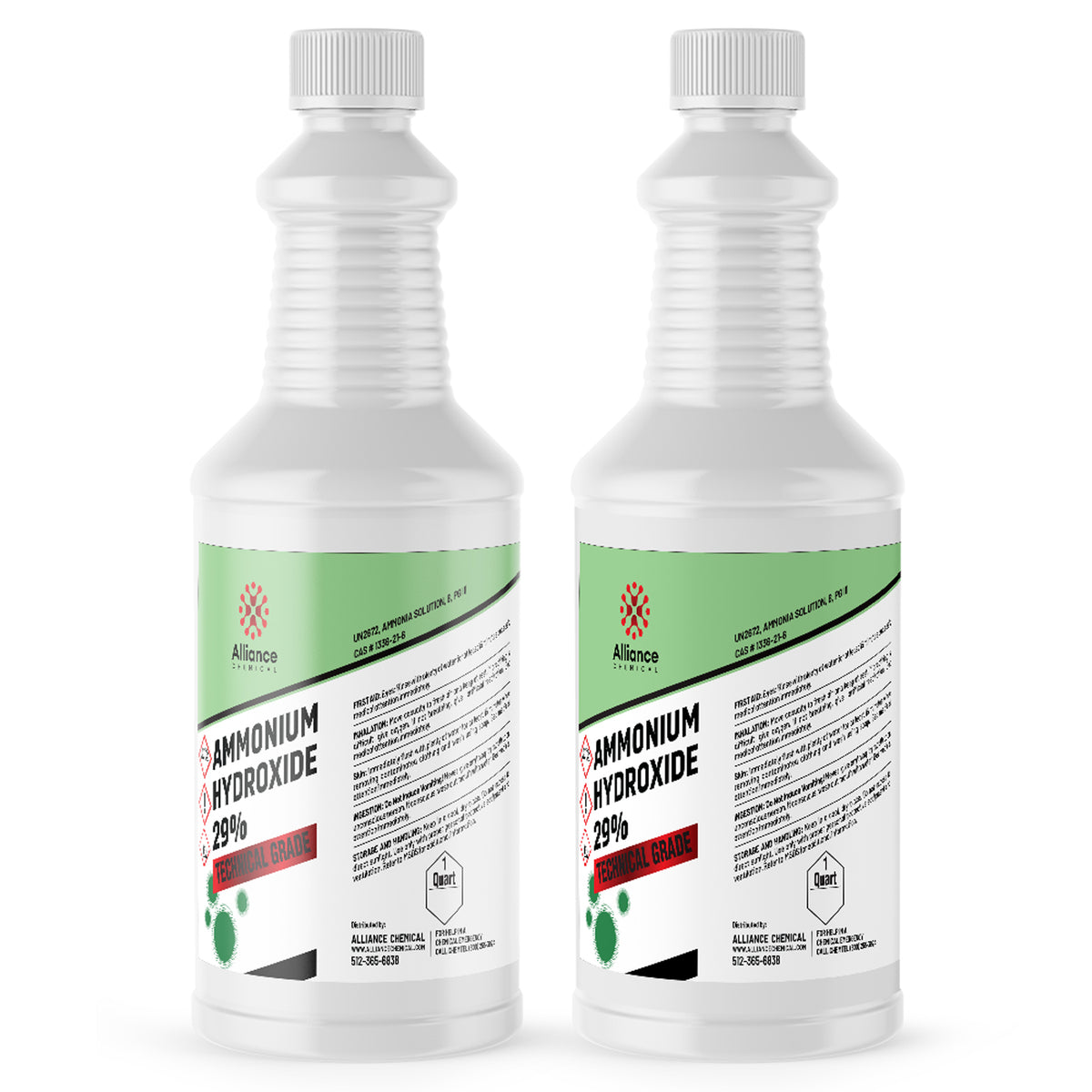 1-quart bottles of 29% Technical Grade Ammonium Hydroxide in HDPE containers green-labeled Alliance Chemical branding