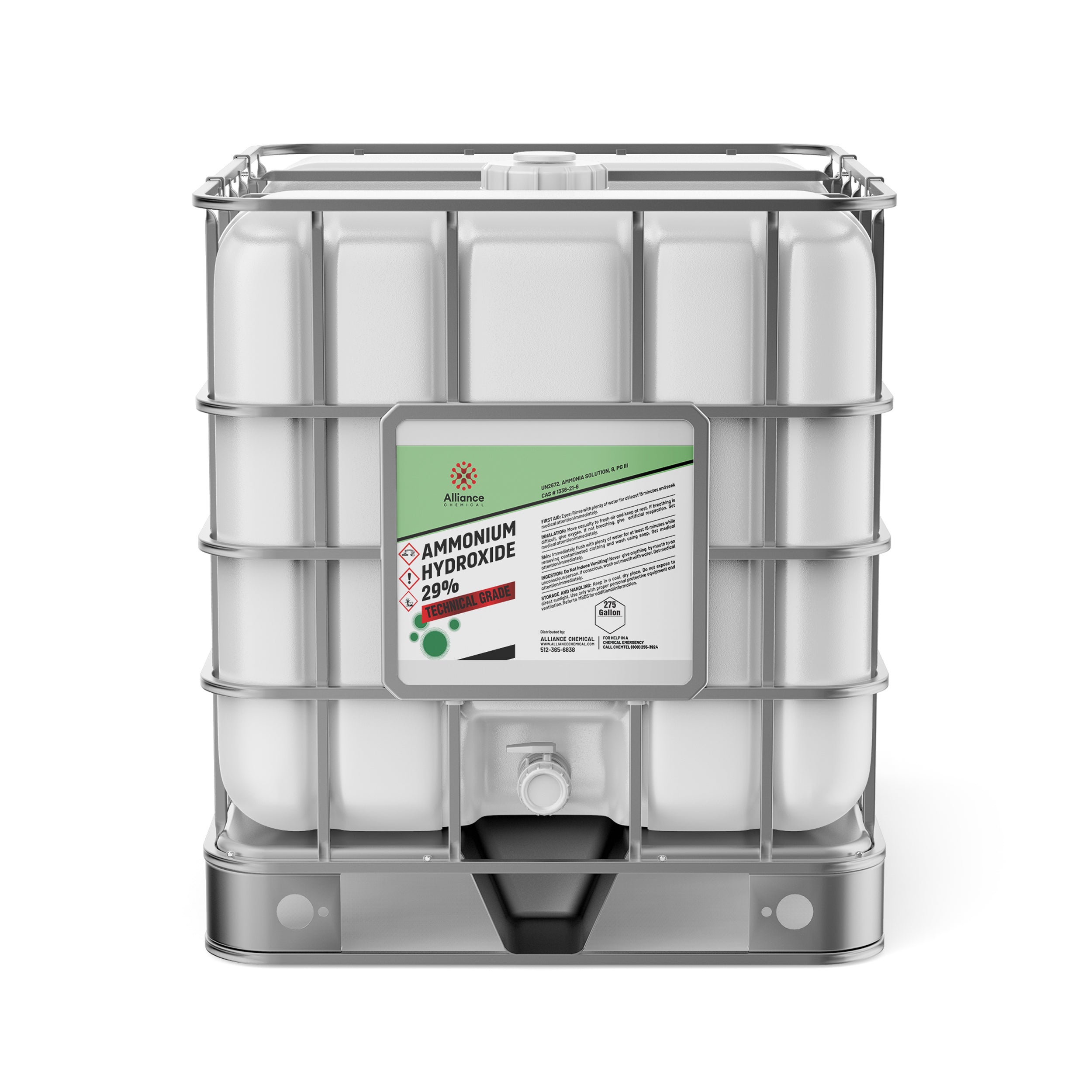 275-gallon IBC tote of Ammonium Hydroxide 29% Technical Grade with hazard warning symbols, reinforced cage frame, and bottom discharge valve.
