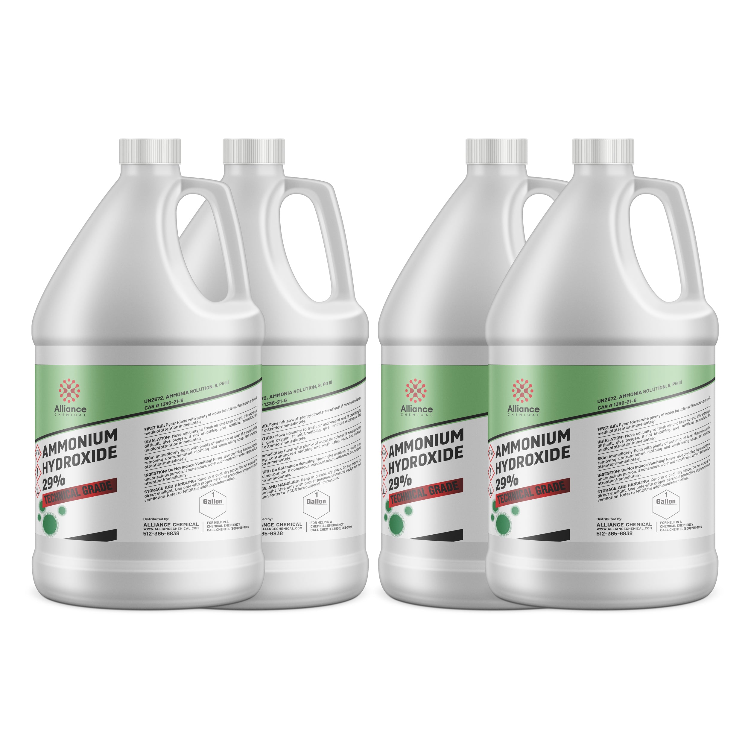 4x1-gallon HDPE containers of 29% Ammonium Hydroxide technical grade, Alliance Chemical brand, with green labels and hazard warnings, white screw caps.