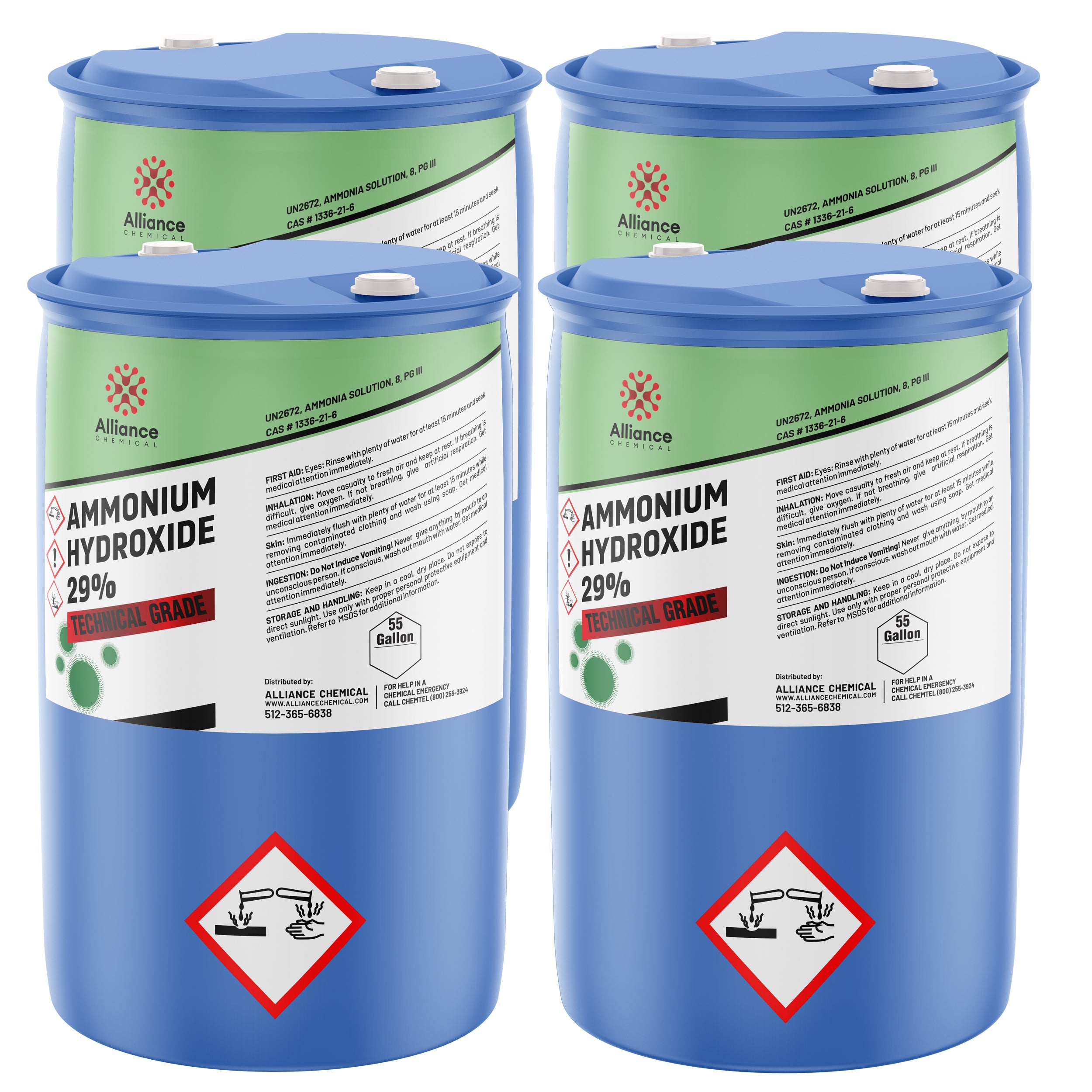55-gallon blue drums of 29% Ammonium Hydroxide (Technical Grade) with corrosive hazard symbols, Alliance Chemical branding, and safety information.