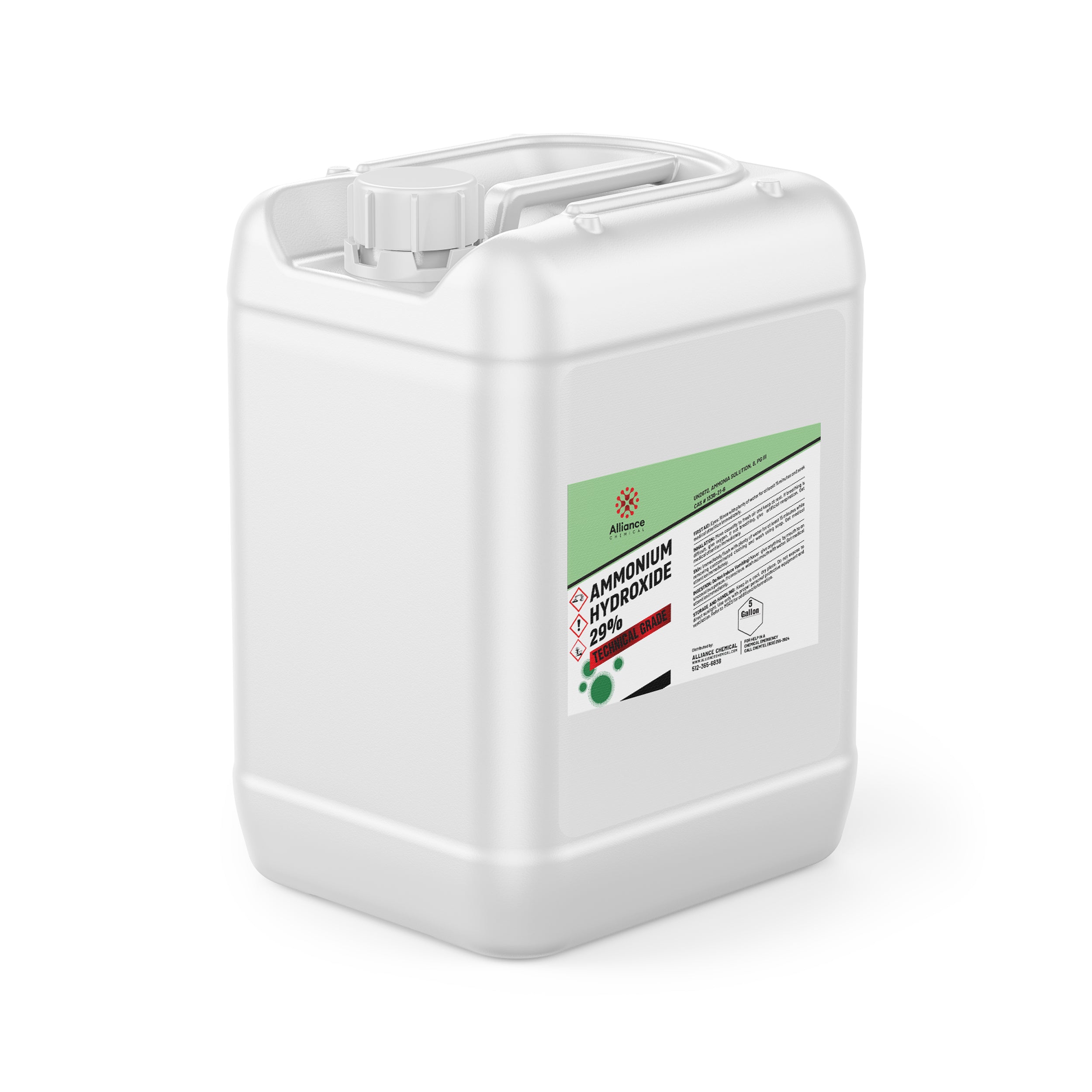 5-gallon white HDPE container of 29% Technical Grade Ammonium Hydroxide with GHS hazard symbols and Alliance Chemical branding.