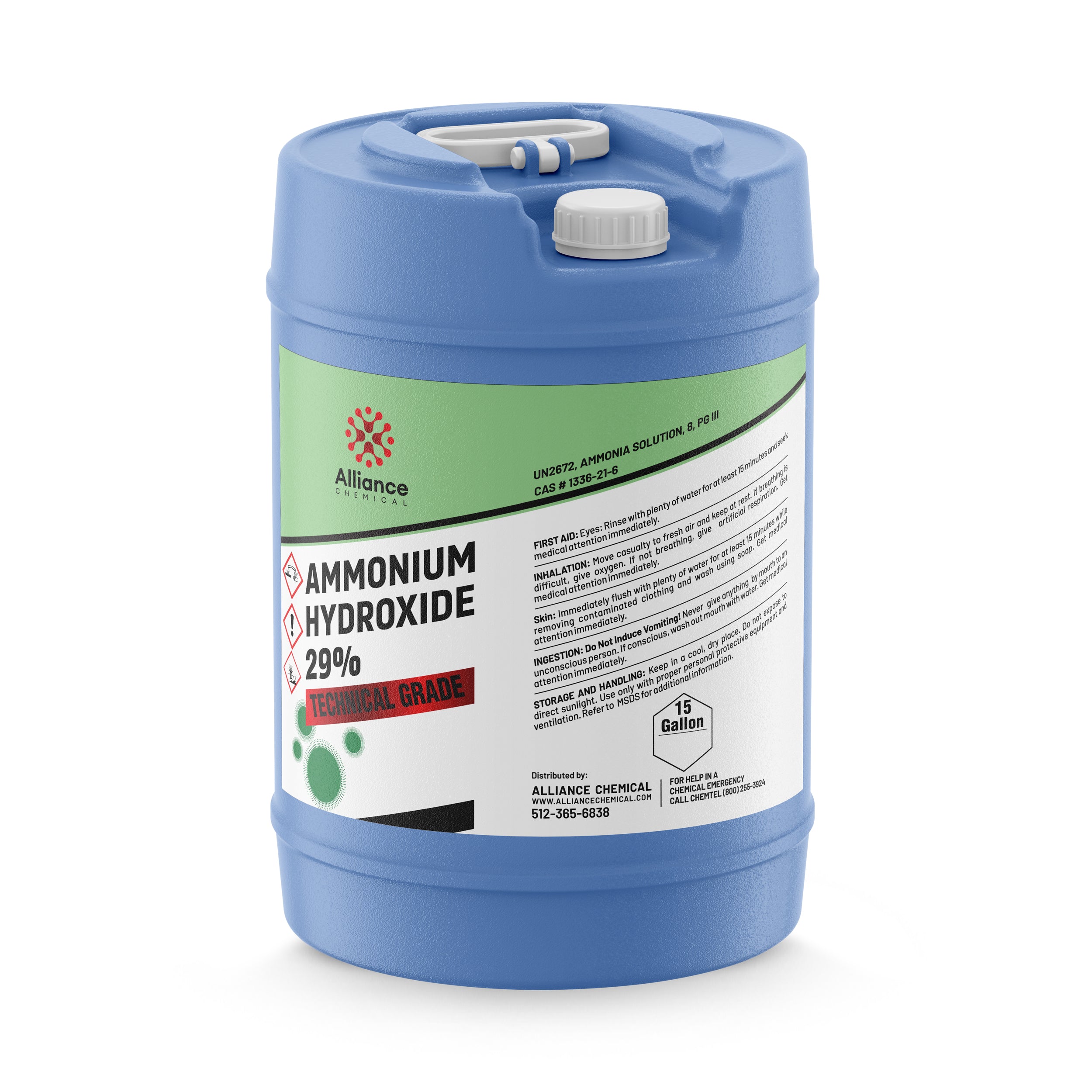 15-gallon blue carboy of Ammonium Hydroxide 29% Technical Grade with hazard warning symbols, white cap, and Alliance Chemical branding.