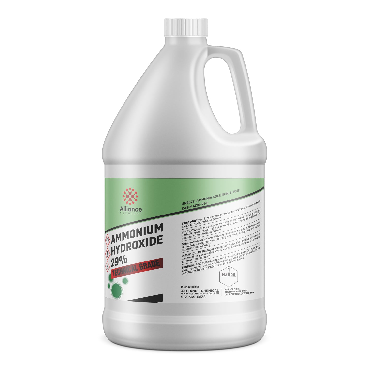 One-gallon white HDPE jug of Alliance Chemical 29% Ammonium Hydroxide technical grade with hazard warnings, green label, and safety instructions.