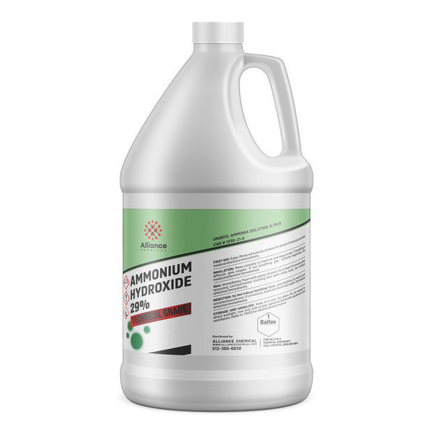 One-gallon HDPE jug of Alliance Chemical 29% Ammonium Hydroxide technical grade green label, and safety instructions