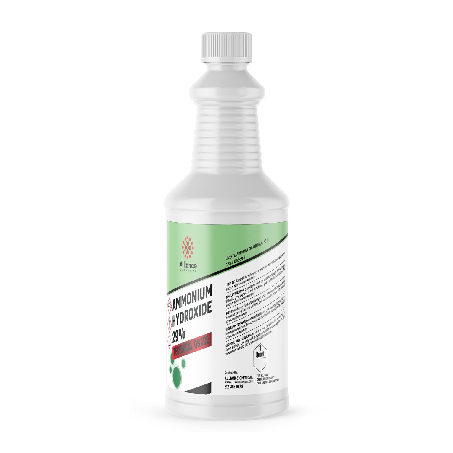 1-quart plastic bottle of Alliance Chemical 29% Ammonium Hydroxide Technical Grade with hazard warnings, ribbed grip design, and white screw cap.