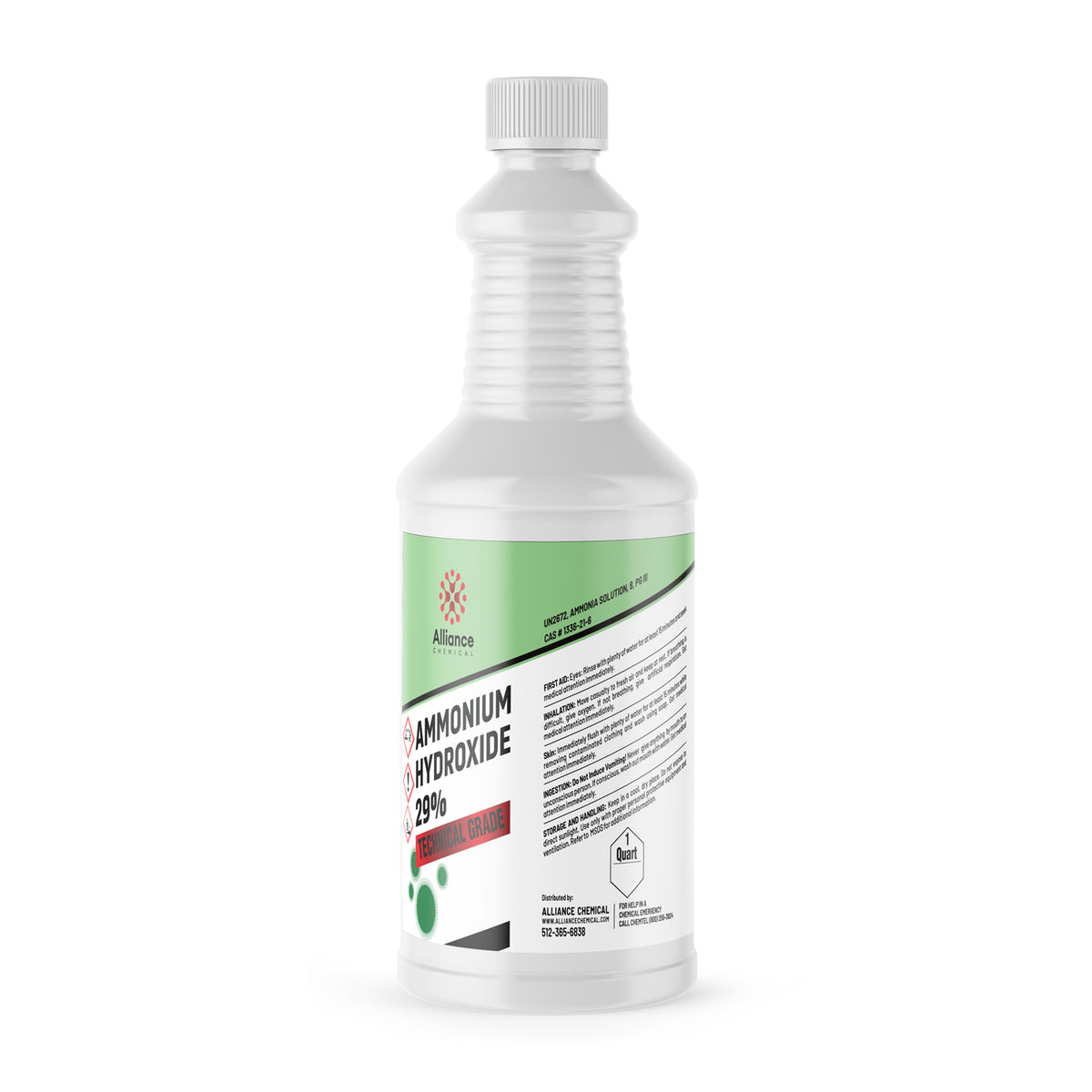 1-quart plastic bottle of Alliance Chemical 29% Ammonium Hydroxide Technical Grade ribbed grip design, and white screw cap