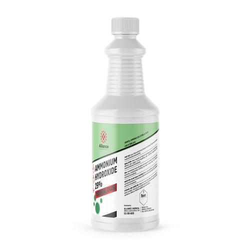 1-quart plastic bottle of Alliance Chemical 29% Ammonium Hydroxide Technical Grade ribbed grip design, and white screw cap