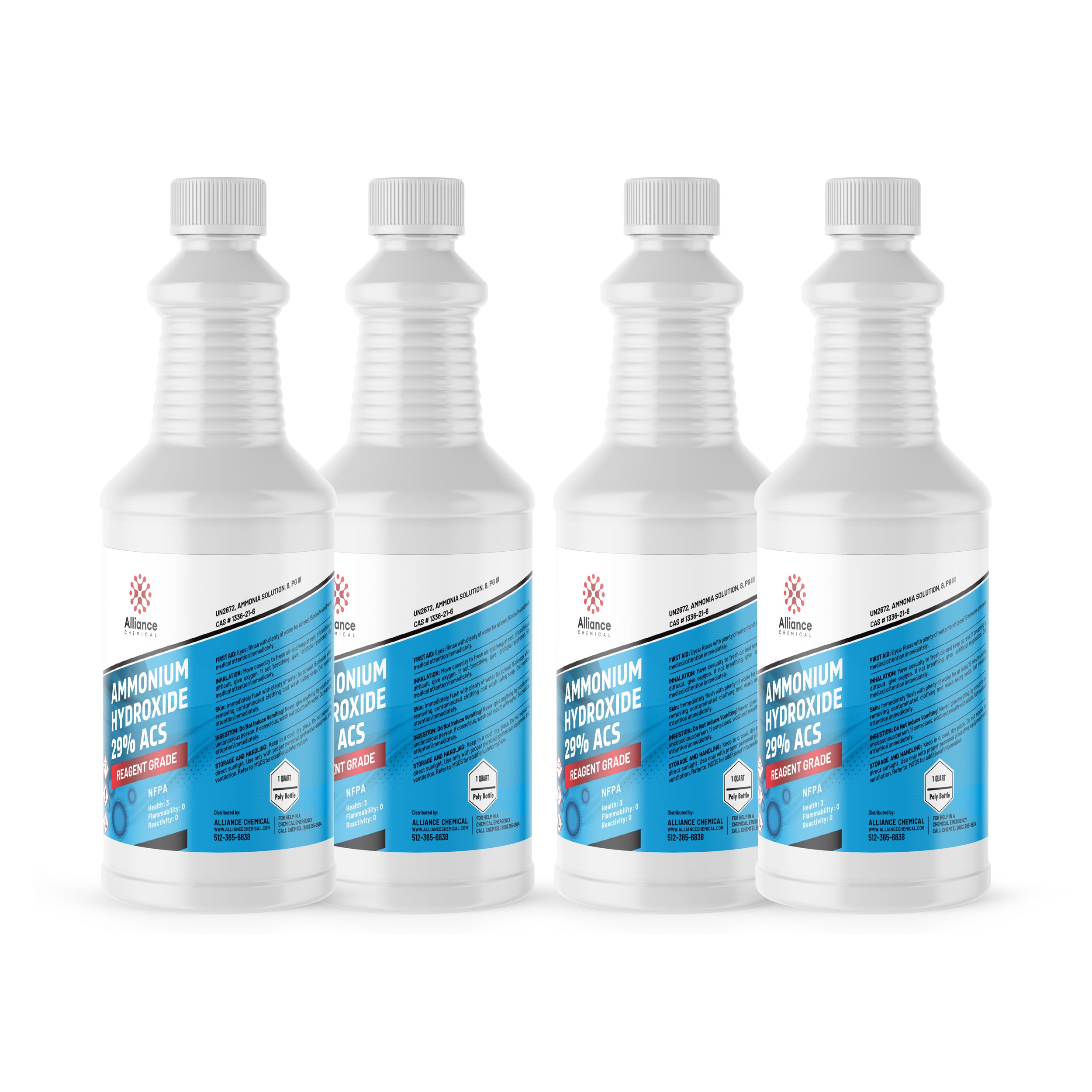 4x1-quart HDPE bottles of Reagent Grade Ammonium Hydroxide 29% ACS by Alliance Chemical, white containers with blue labels and NFPA diamond.