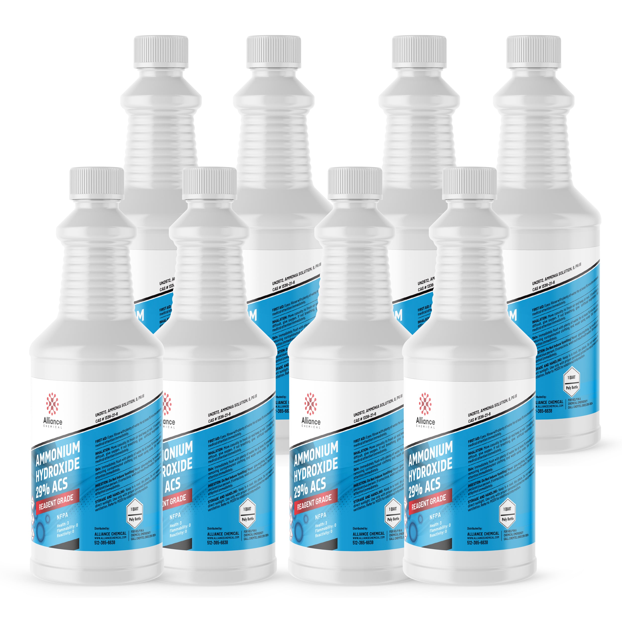 8x1 quart bottles of Ammonium Hydroxide 29% ACS Reagent Grade in white HDPE containers with blue labels, NFPA diamond symbol, Alliance Chemical branding.