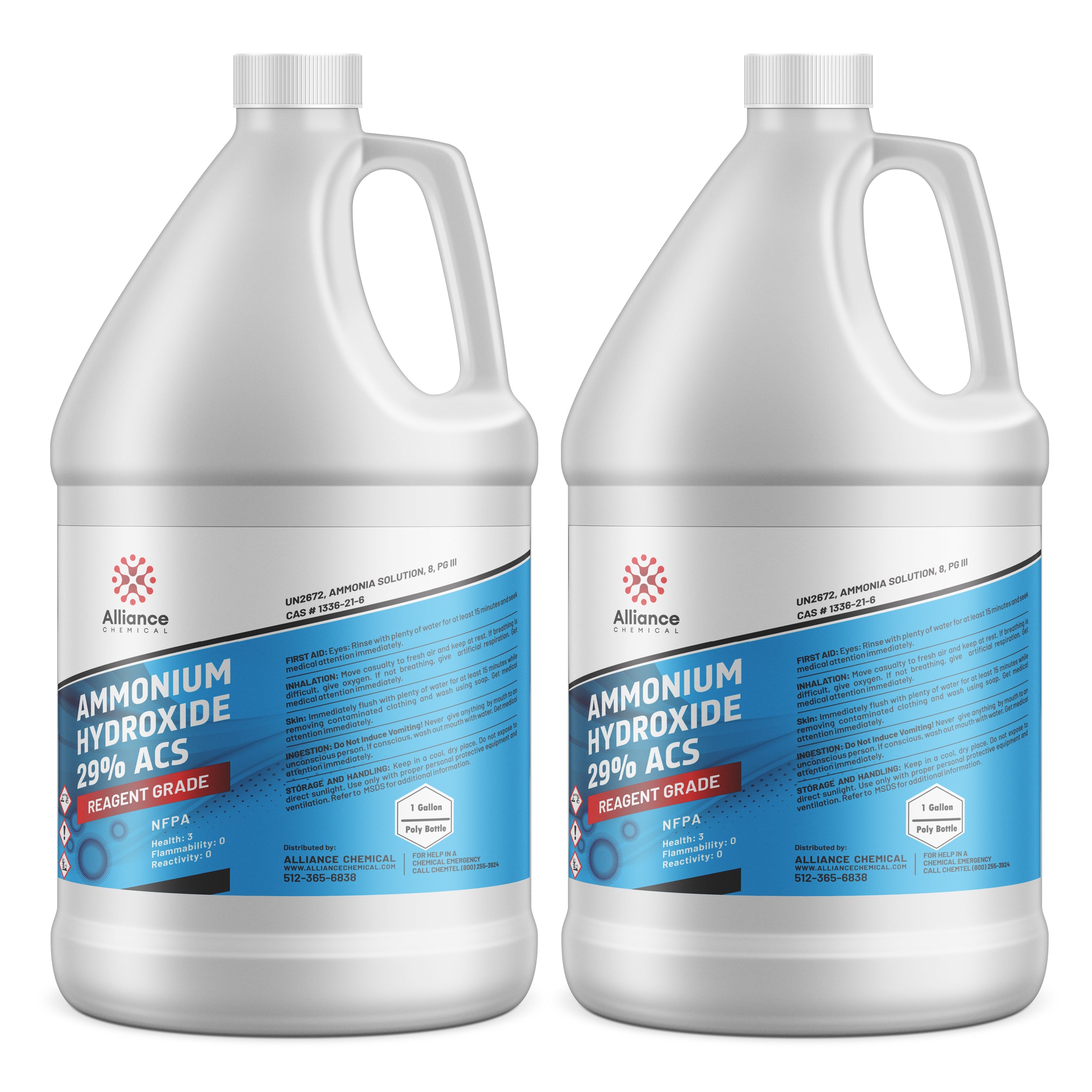 2-gallon HDPE containers of Reagent Grade 29% ACS Ammonium Hydroxide solution by Alliance Chemical, with NFPA diamond and safety information labels.