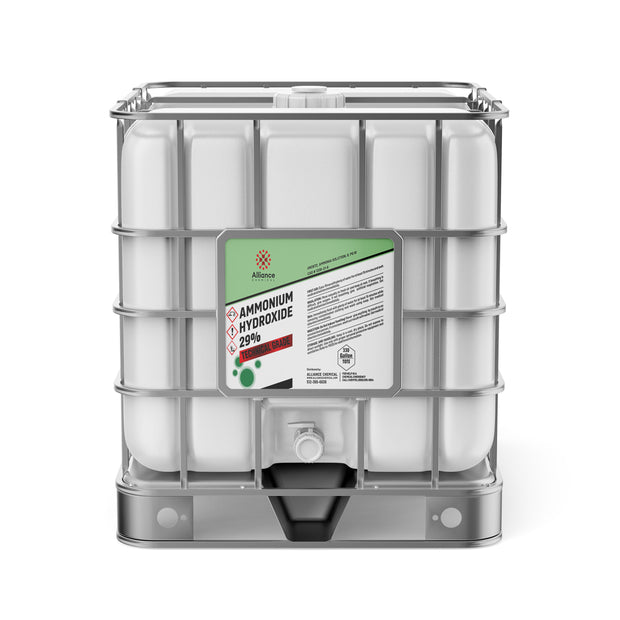 Alliance Chemical 330-gallon Ammonium Hydroxide 29% Technical Grade tote with a metal cage and a label.