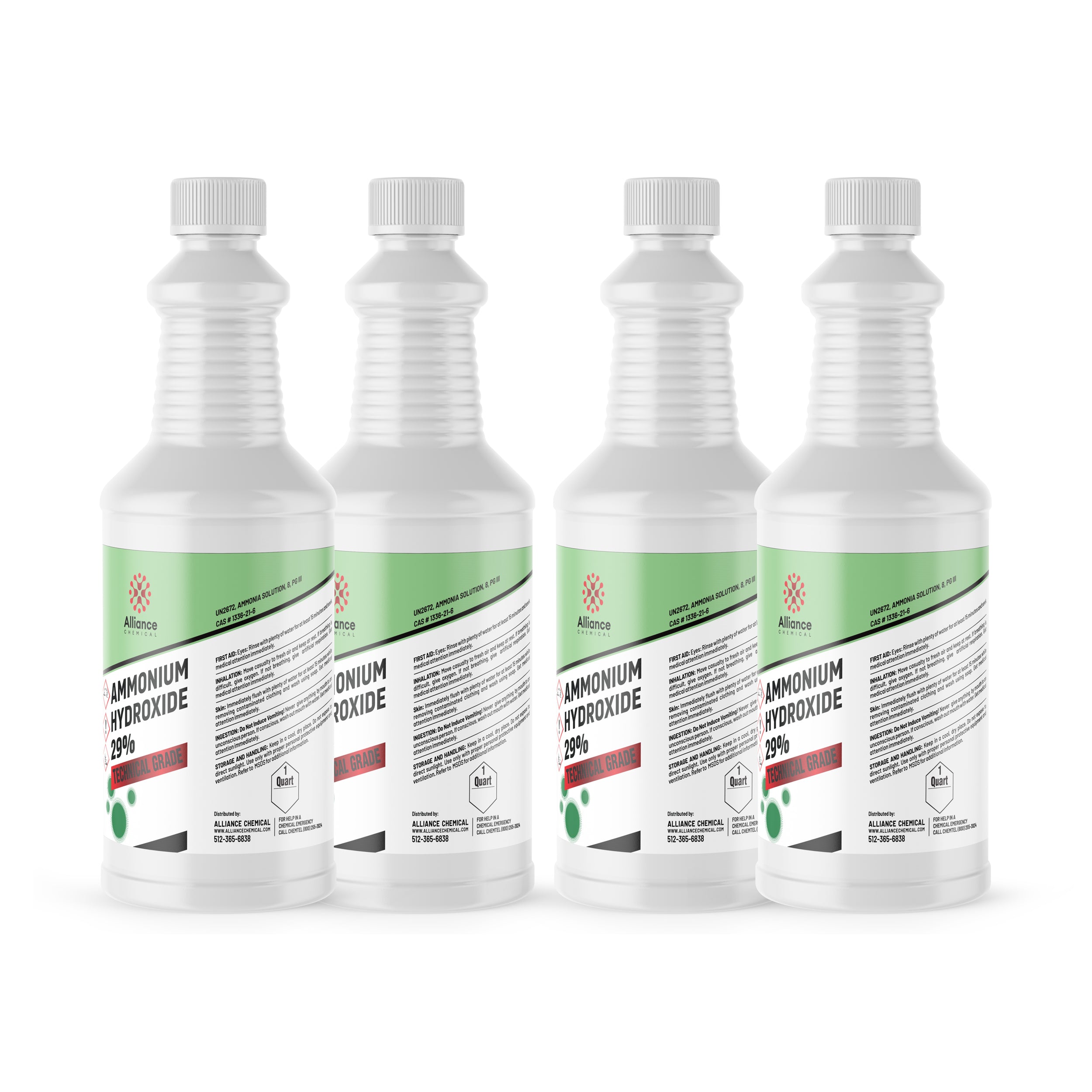 4x1 quart Ammonium Hydroxide 29% Technical Grade in white HDPE bottles with green labels, corrosive warning symbol, Alliance Chemical branded.