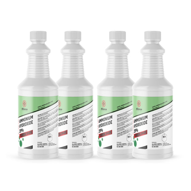 4x1 quart Ammonium Hydroxide 29% Technical Grade in HDPE bottles corrosive warning symbol, Alliance Chemical branded