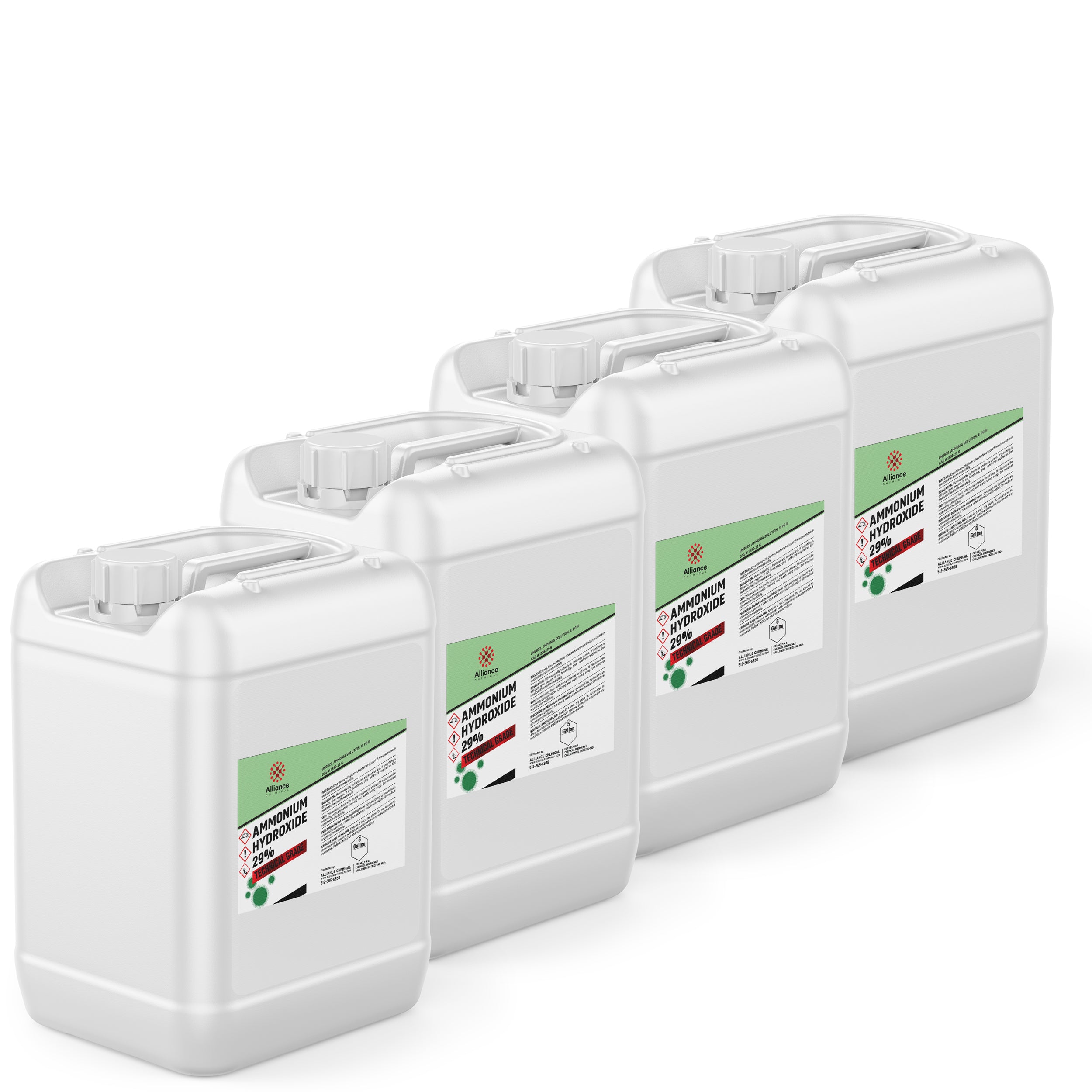 20-gallon (4x5gal) Ammonium Hydroxide 29% Technical Grade in white HDPE containers with GHS hazard labels and secure screw caps.