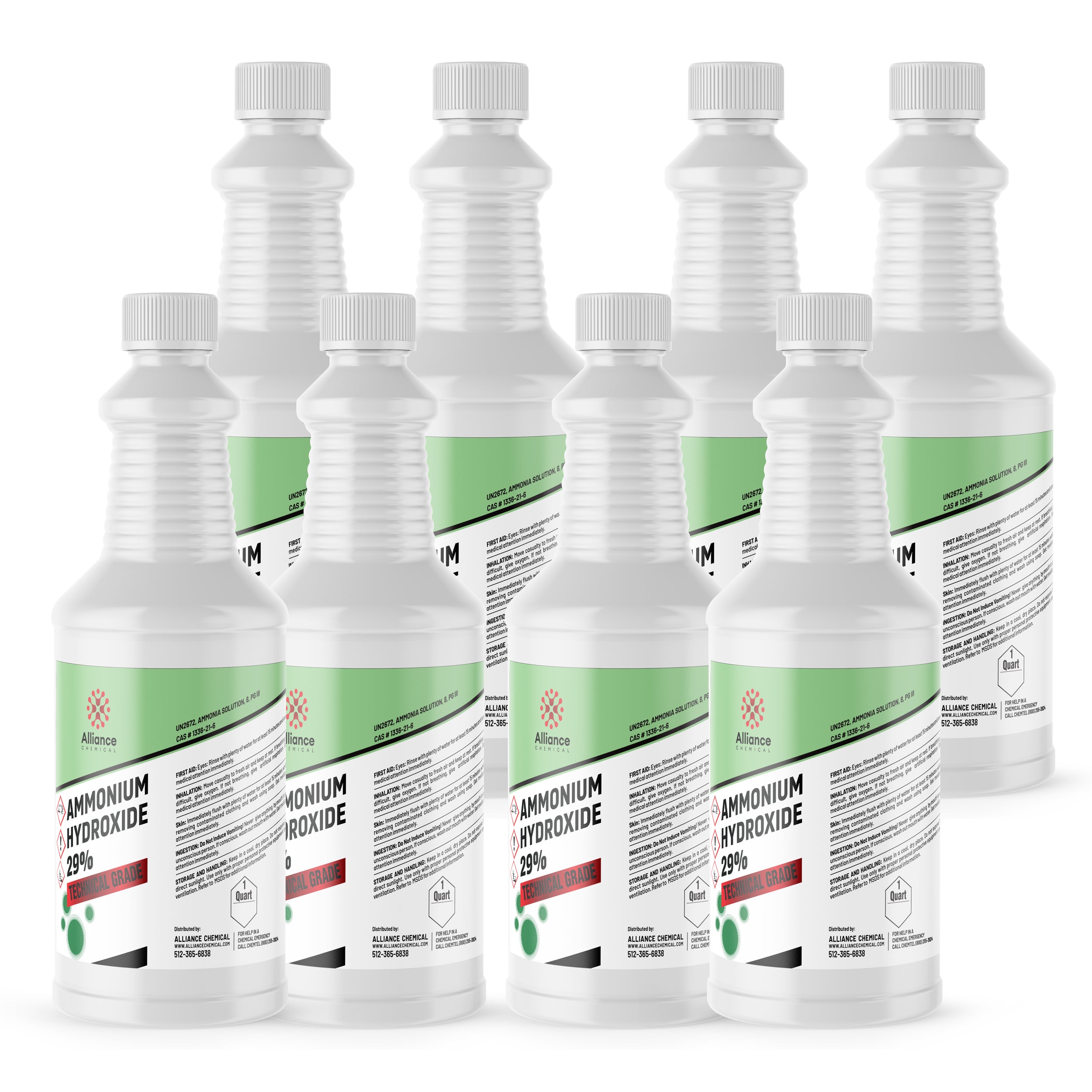 8x1 quart bottles of Ammonium Hydroxide 29% Technical Grade in white HDPE containers with green labels, corrosive warning symbols, and safety information.