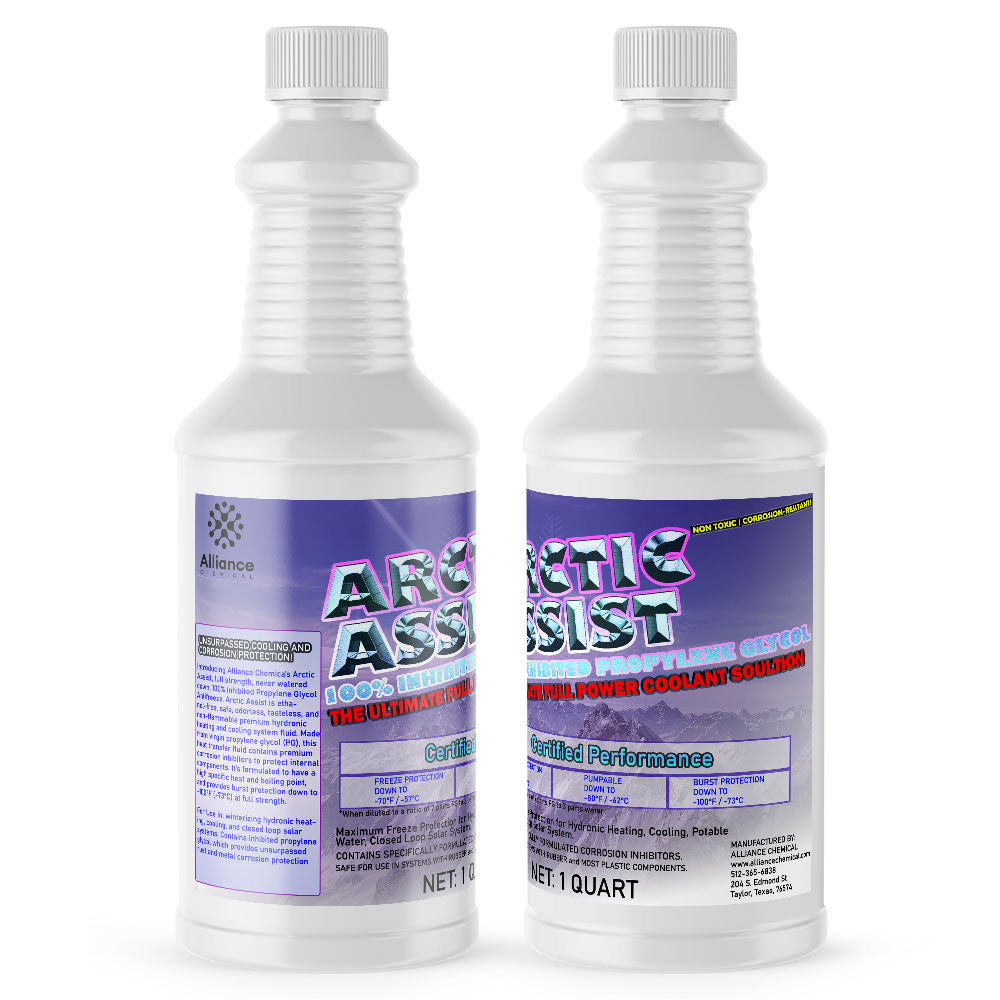 1-quart bottles of Arctic Assist industrial coolant solution in white HDPE containers with purple labels, non-toxic formula, freeze protection to -70°F.