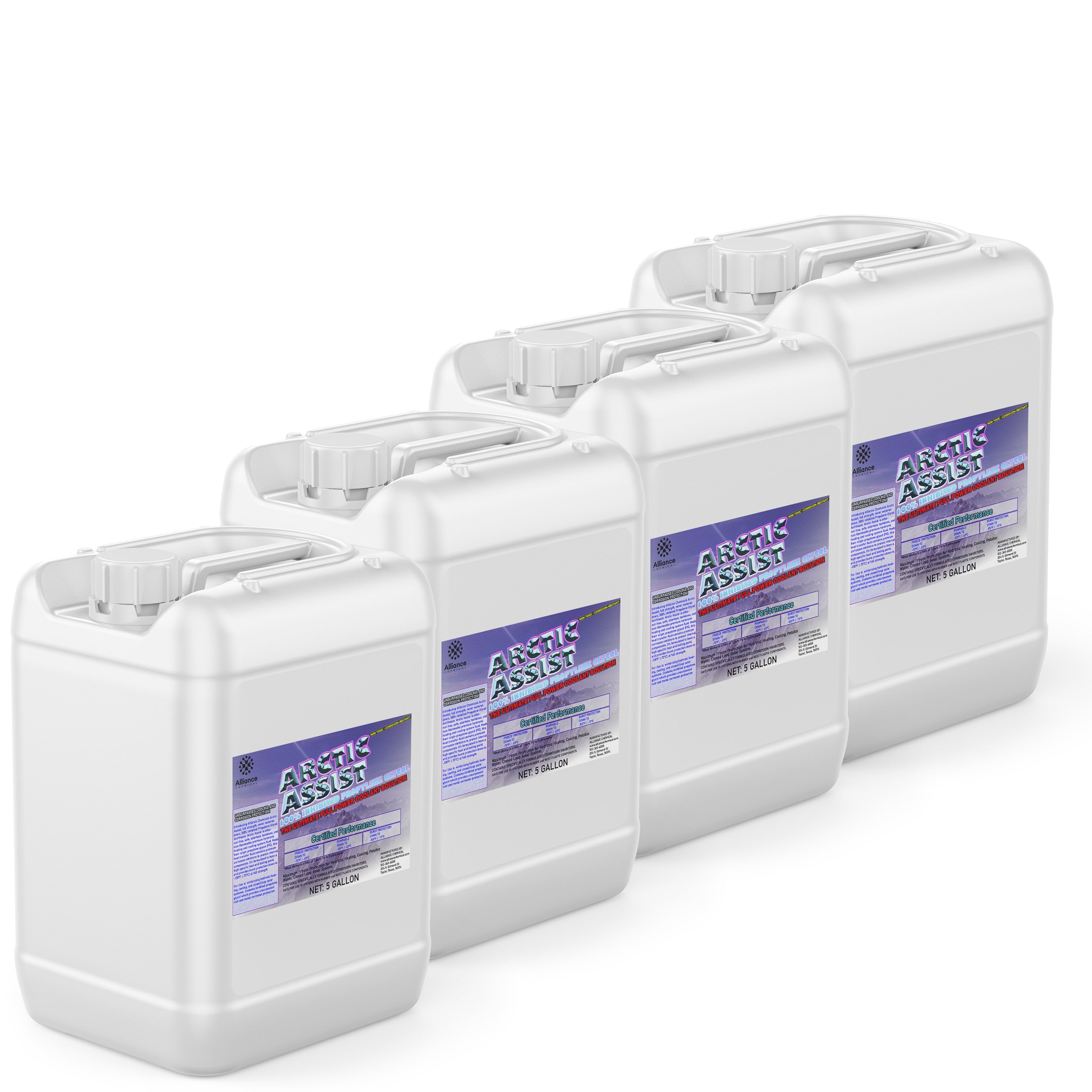 4x5-gallon HDPE containers of Arctic Assist industrial coolant additive, white rectangular jugs with purple labels and secure screw-top caps.